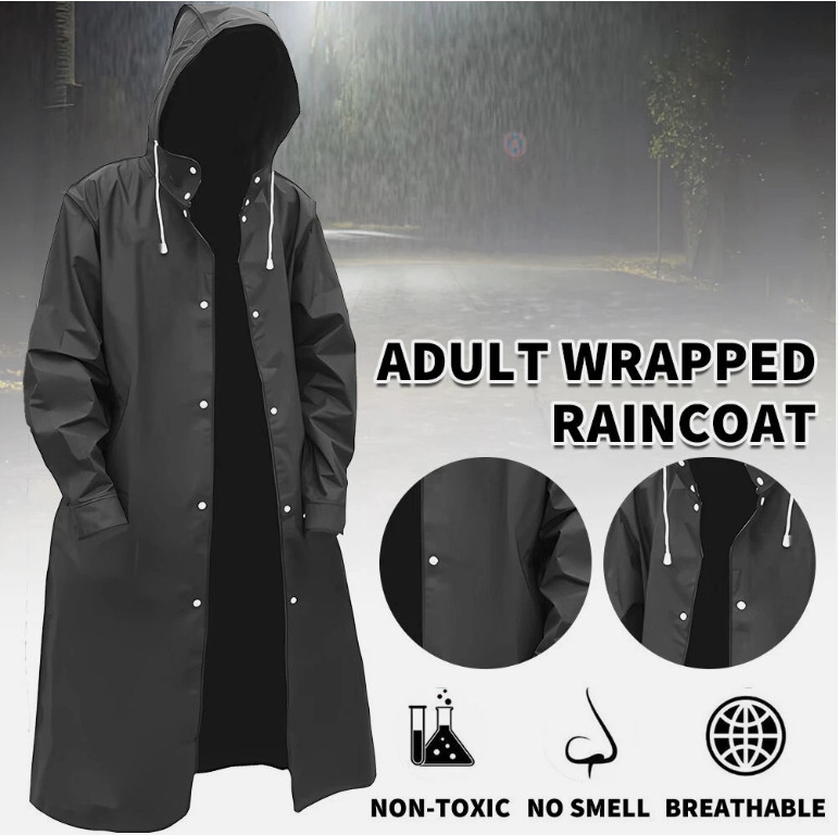 Men Waterproof Long Raincoat Black Hooded Trench Jacket Outdoor Hiking Rain Coat