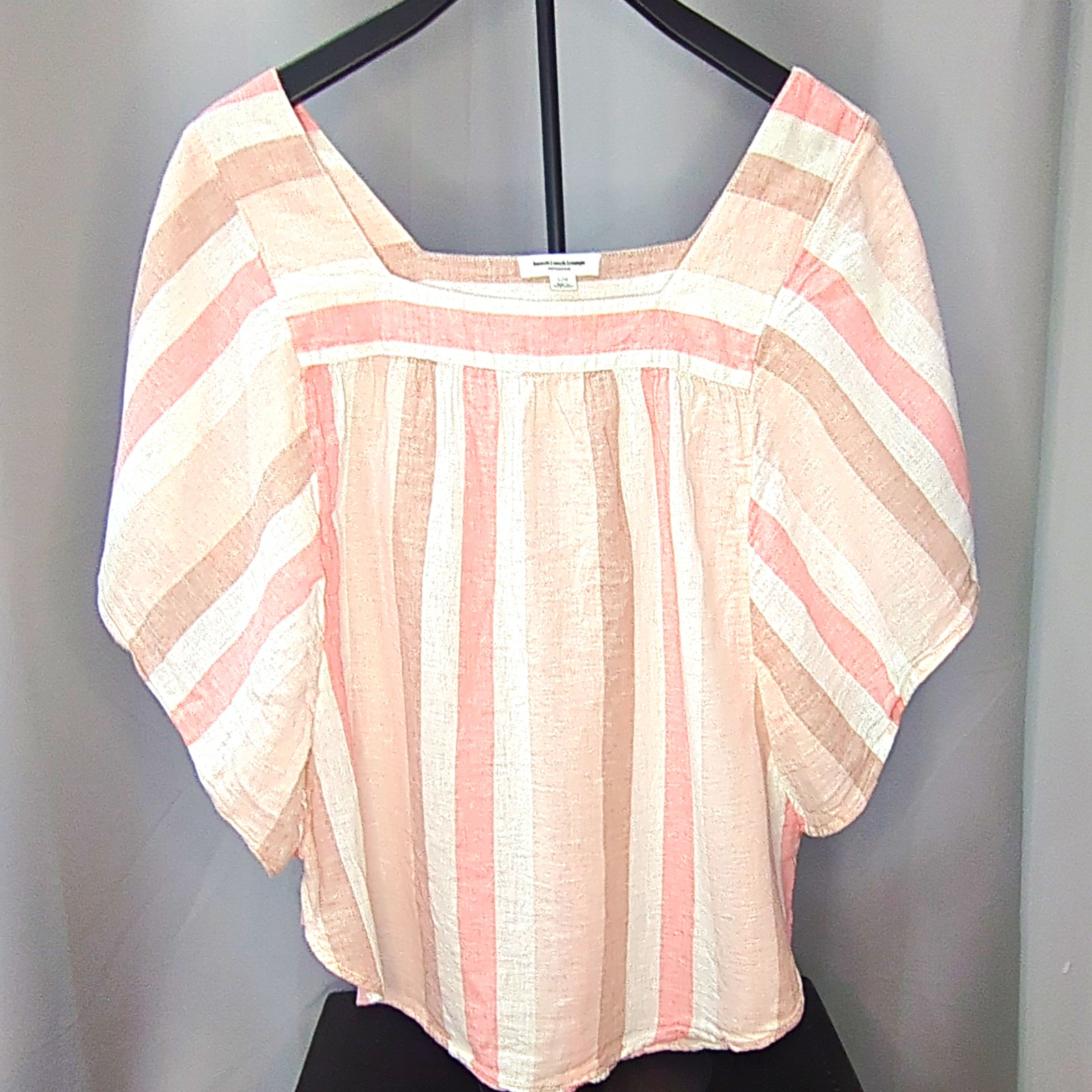 beachlunchlounge Pink Brown Striped Feminine Linen Blend Blouse L