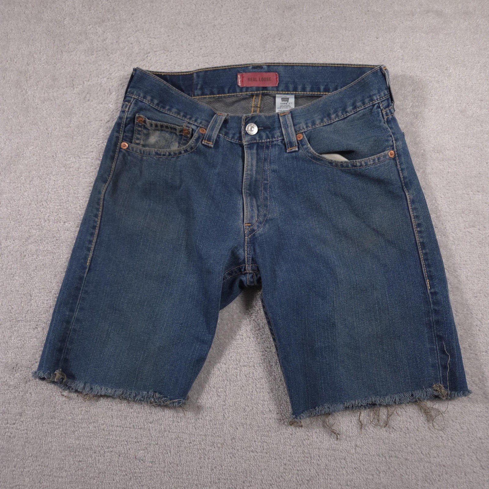 Levis Type 1 REAL LOOSE Shorts Mens 34 Blue Denim Cutoff Frayed Distressed Raw