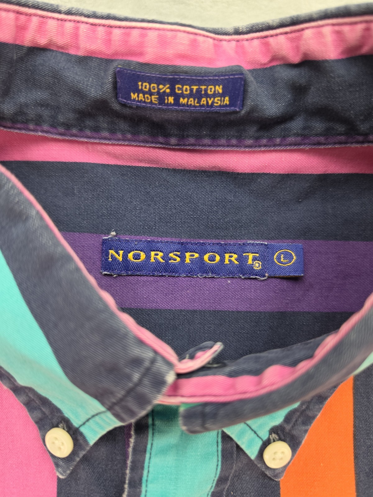 Norsport Button Down Shirt Rainbow Stripe Long Sleeve Cotton Large L Vintage