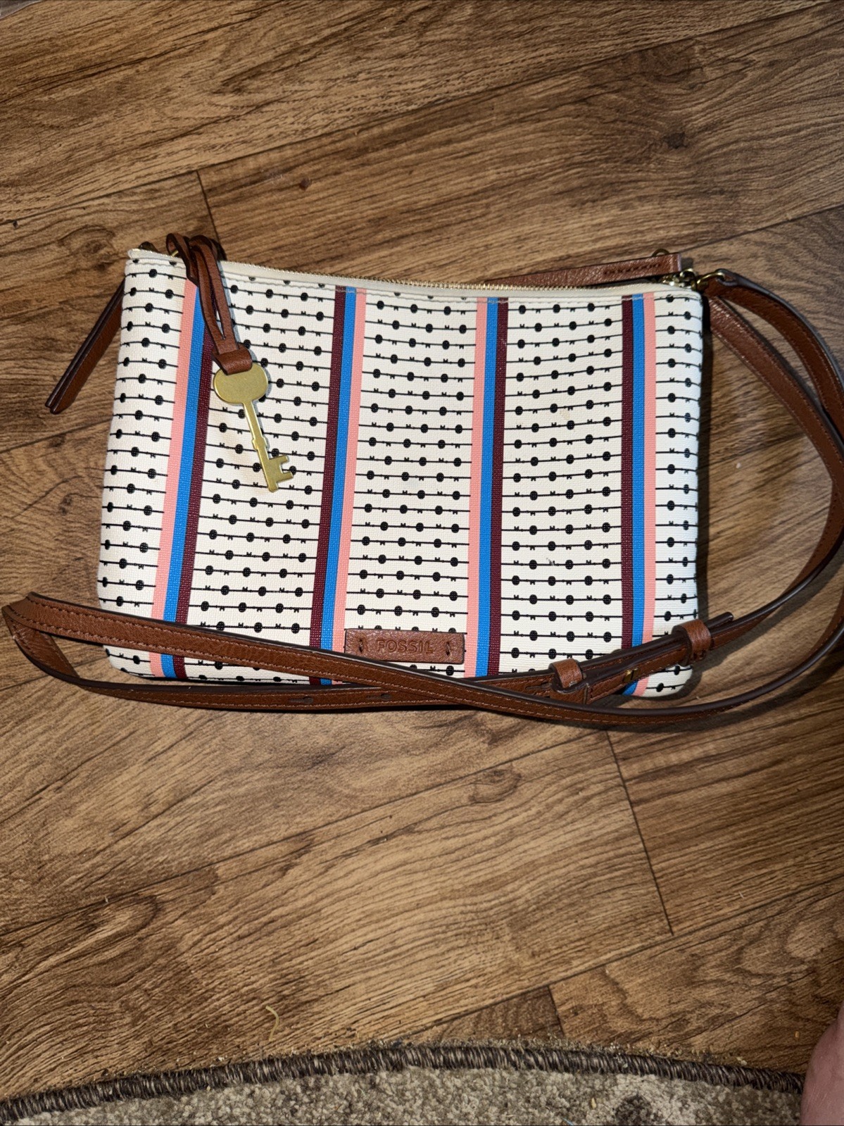 Fossil ZB7417102 Devon Crossbody Ecru Multi Stripe Purse Clutch Crossbody