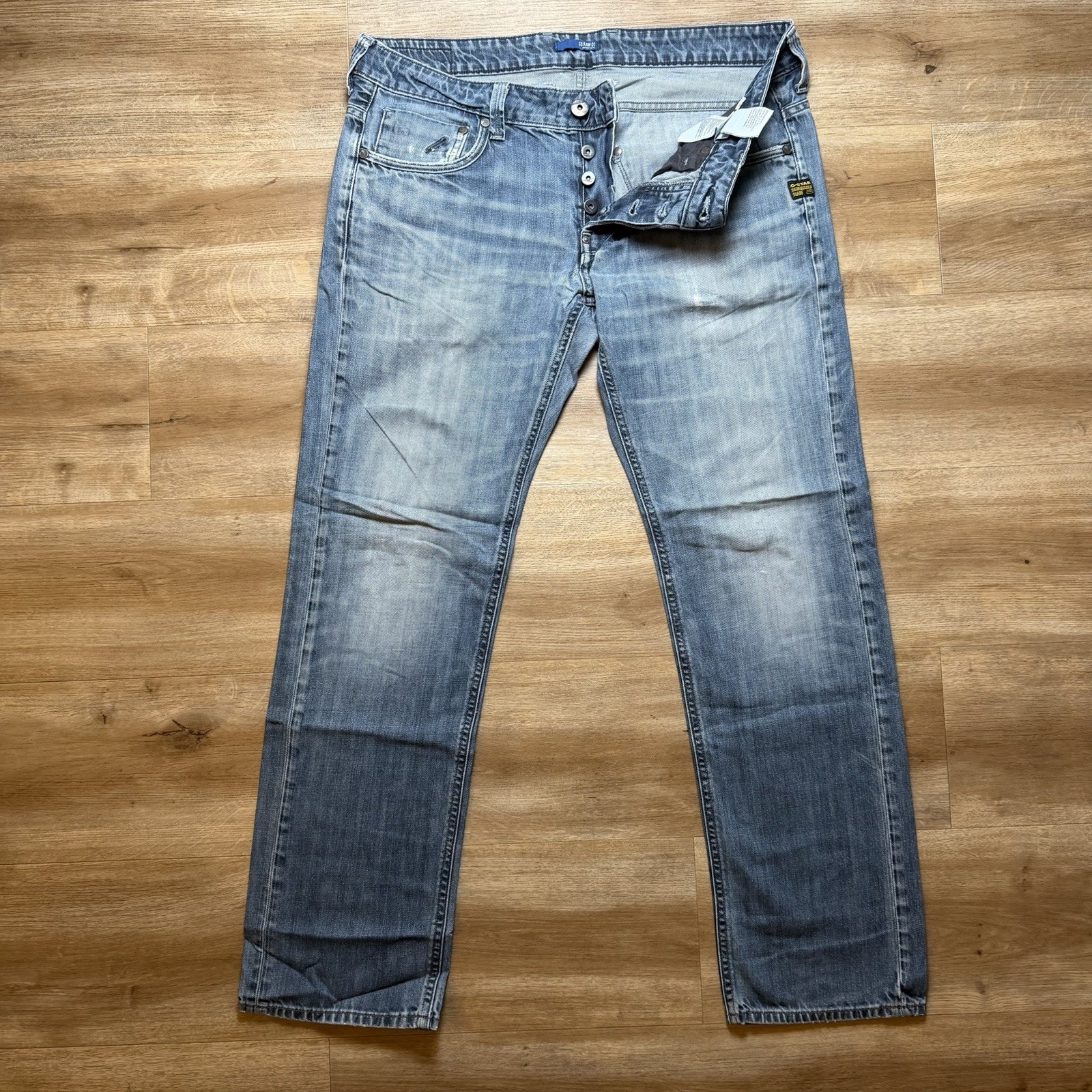 G-Star RAW Jeans Men 34×32 Blue Attacc Low Straight Medium Wash Denim Distressed