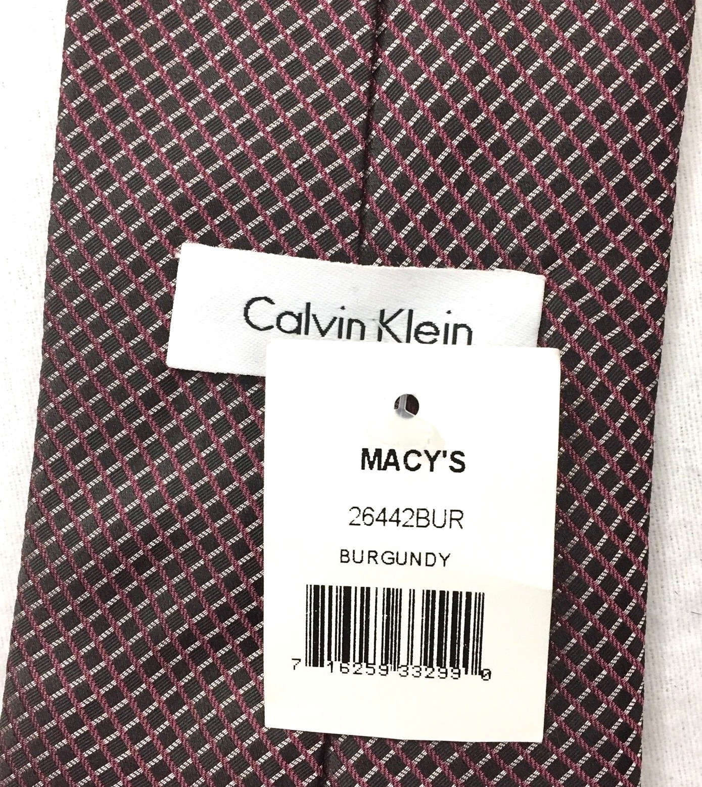 Calvin Klein Men’s Burgundy Dark Gray Check Grid 100% Silk Necktie NEW w/Tag