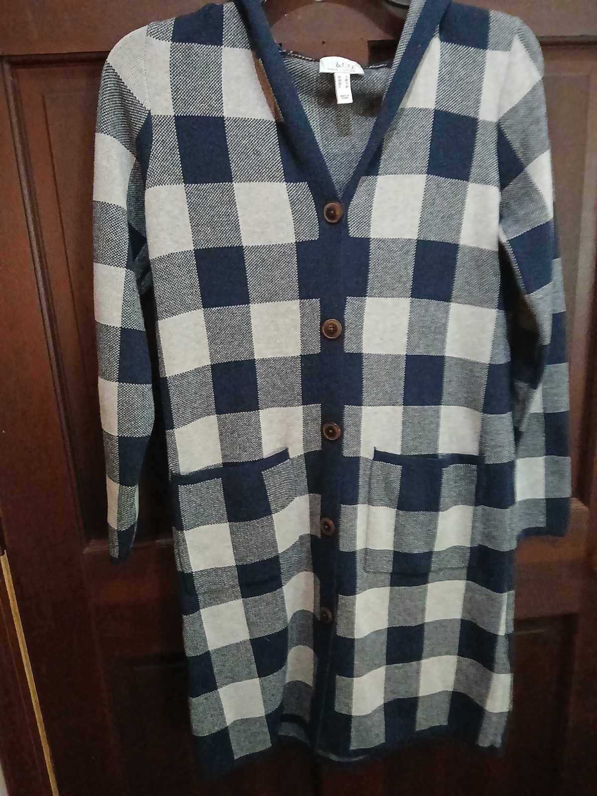 denim + company Blue/Gray Plaid Knit V-Neck Button Long Cardigan Sweater S Cozy