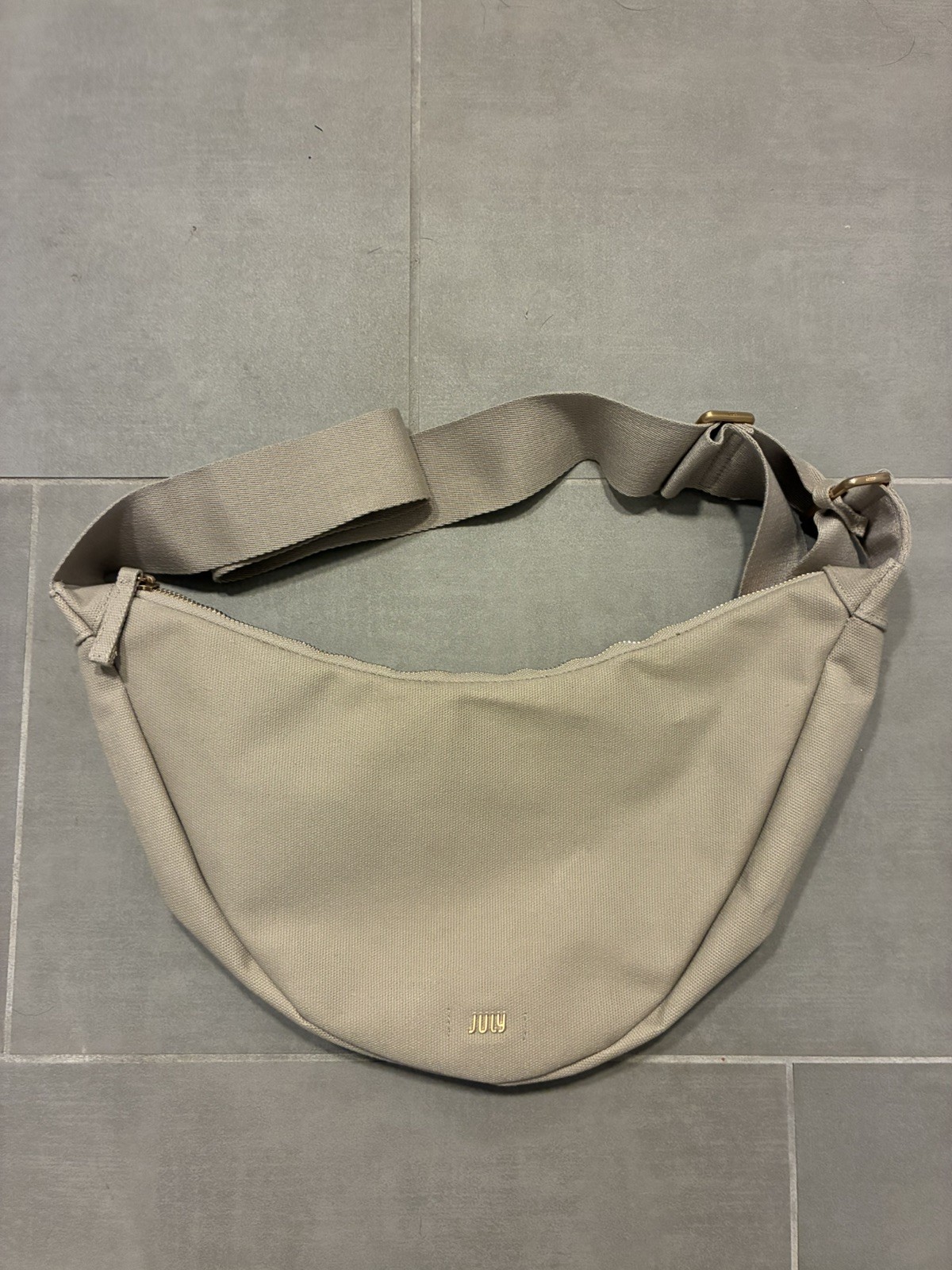 July Everyday Crossbody Bag Sand Beige Canvas Crescent Sling Bag Gold Hardware