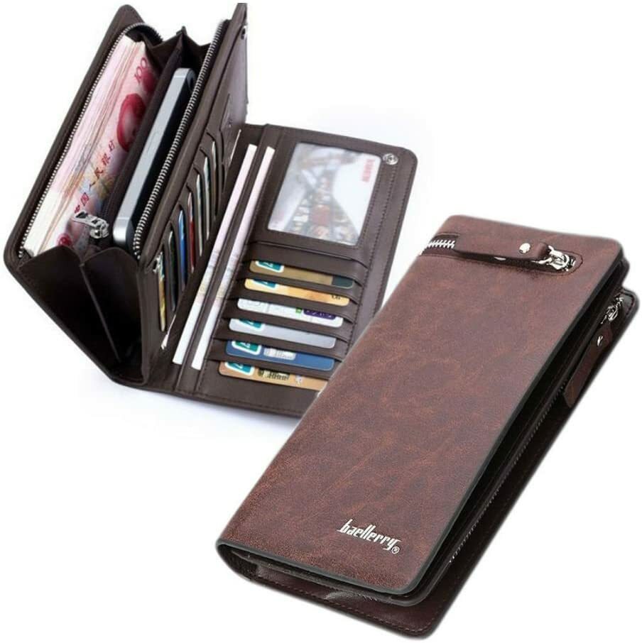 Mens Leather Wallet Large Capacity Bifold Long Card Holder Purse Business Clutch