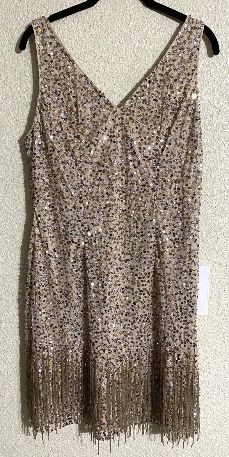 Mac Duggal Brown Beaded Fringe Sequin Mini Dress 4971 Size 8 NWT