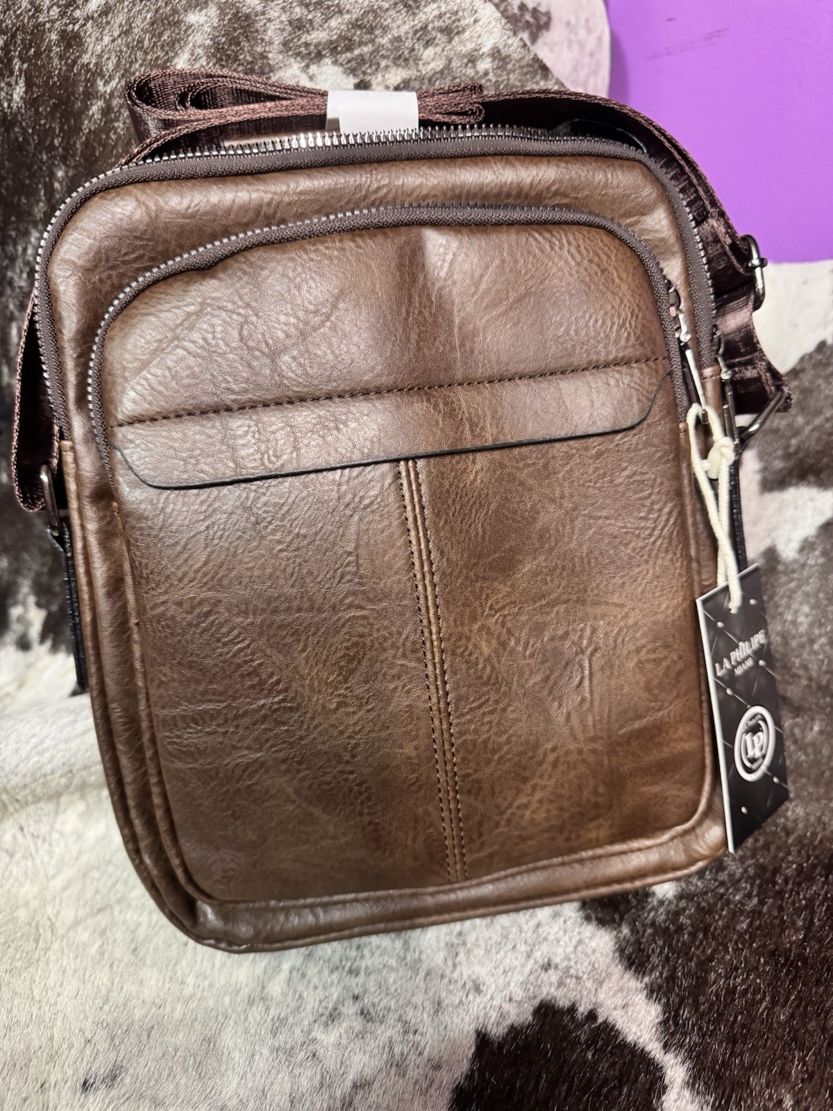 La Philipe Miami Men’s Cross Body Leather Messenger Bag Dark Brown NWT