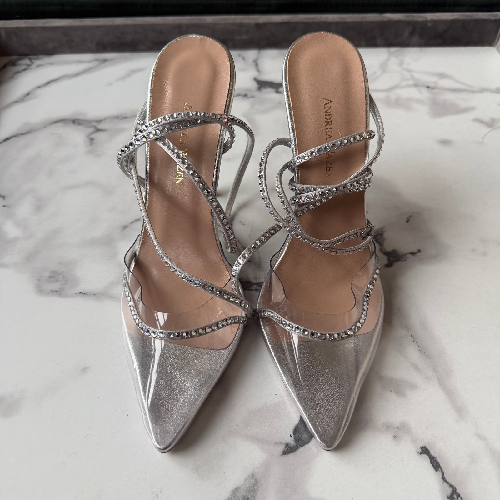 Andrea Wazen Dassy Sunset Crystal Metallic Strappy Pumps NEW Size 39