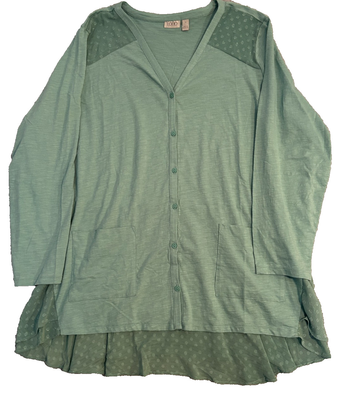 LOGO Lori Goldstein Plus 3X Green Knit Cardigan Clip Dot Trim A689378 NWOT