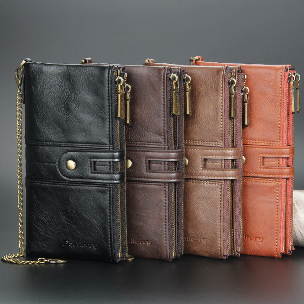 Men’s Long Wallet with Chain Leather RFID Blocking Biker Trucker Bifold Zipper