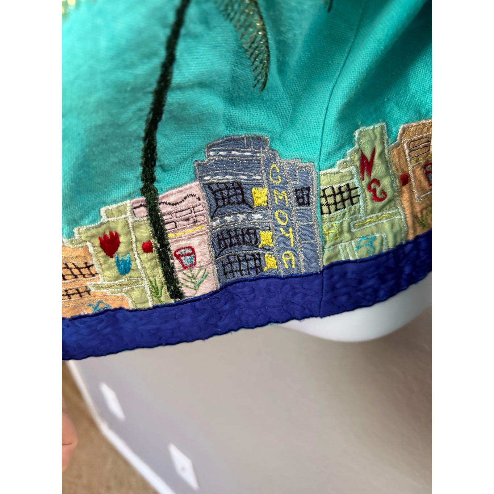 VTG Anage Jacket S Teal Palm Tree Cityscape Applique Travel Novelty Art To Wear