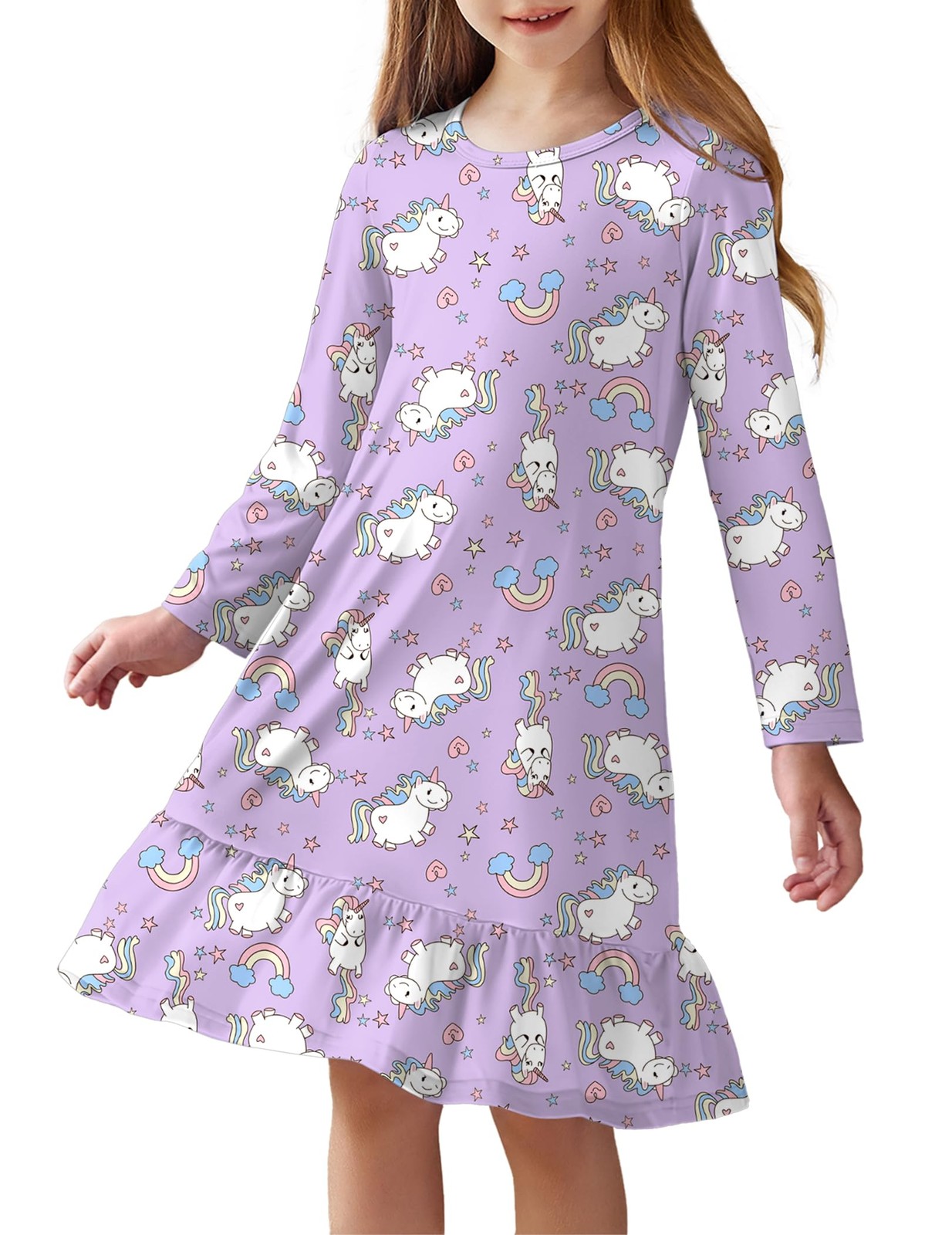 Girls’ Sleepwear Long Sleeve Cute Nightgown Nightie Pajama Dress Purple 4-5T