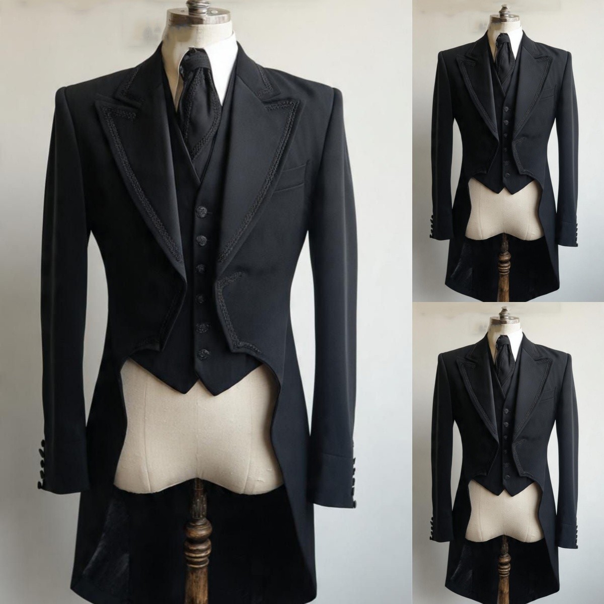 Black Men’s Suit 3Pcs Dinner Tailcoat Peak Lapel Tuxedos Blazer Business Jacket