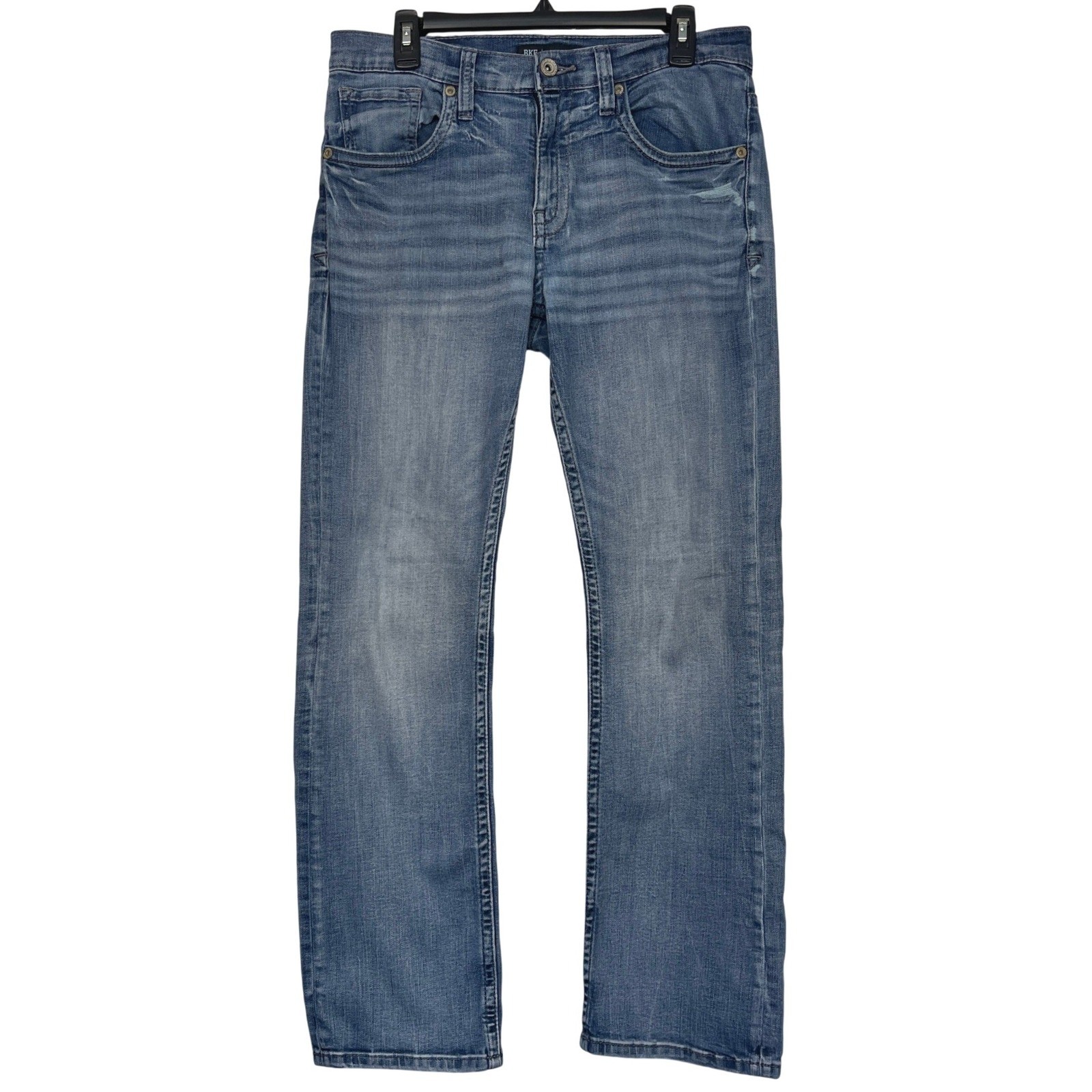 BKE Jake Straight Leg Stretch Mens 32×32 Distressed Light Wash Denim Blue Jeans