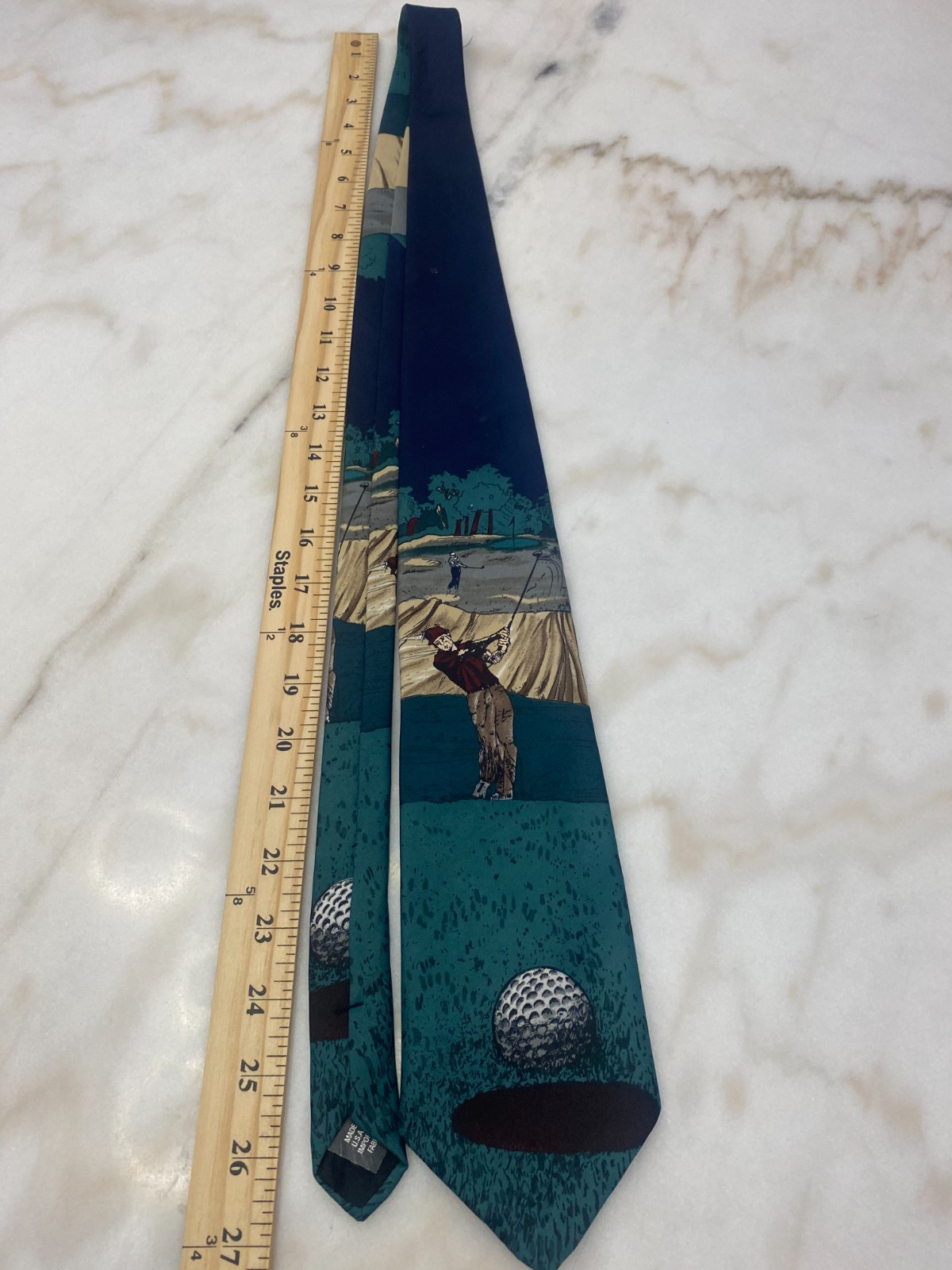 American Sports Golf Tie Novelty Golfer Golf Ball Scene Silk USA Made Wide 90s
