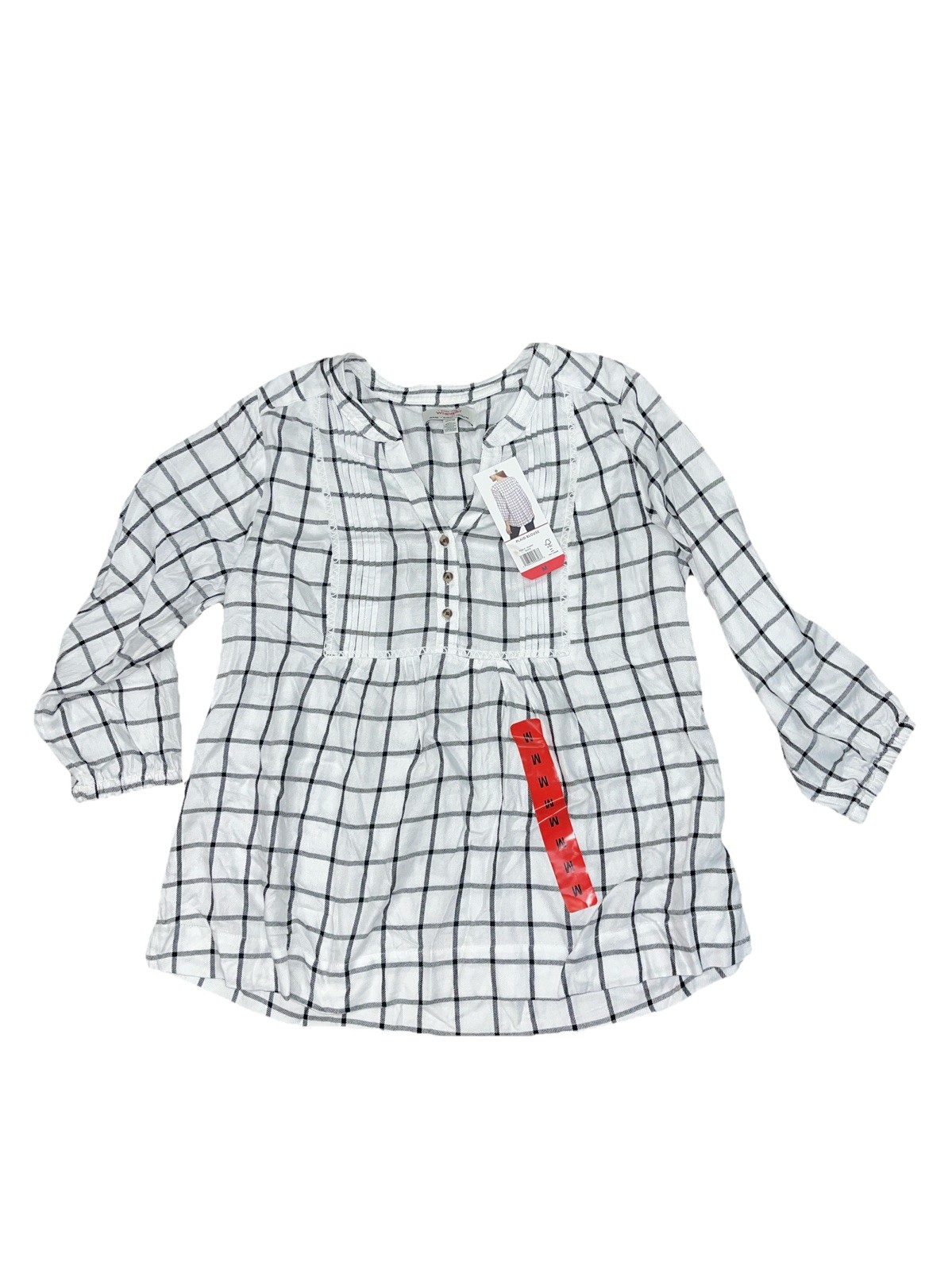 WRANGLER Ladies’ White Plaid Blouse 3/4 Bracelet Sleeves Sz XL