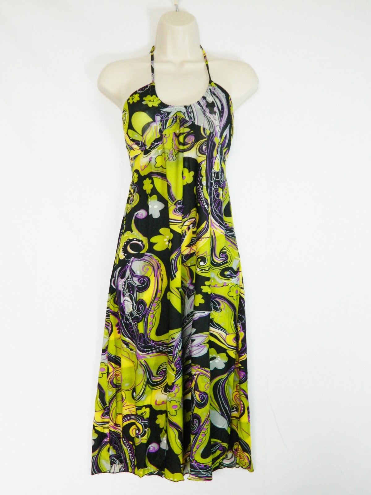 Sleeveless Sundress, Summer Beach Dress, Black, Yellow, and Purple, Medium 048