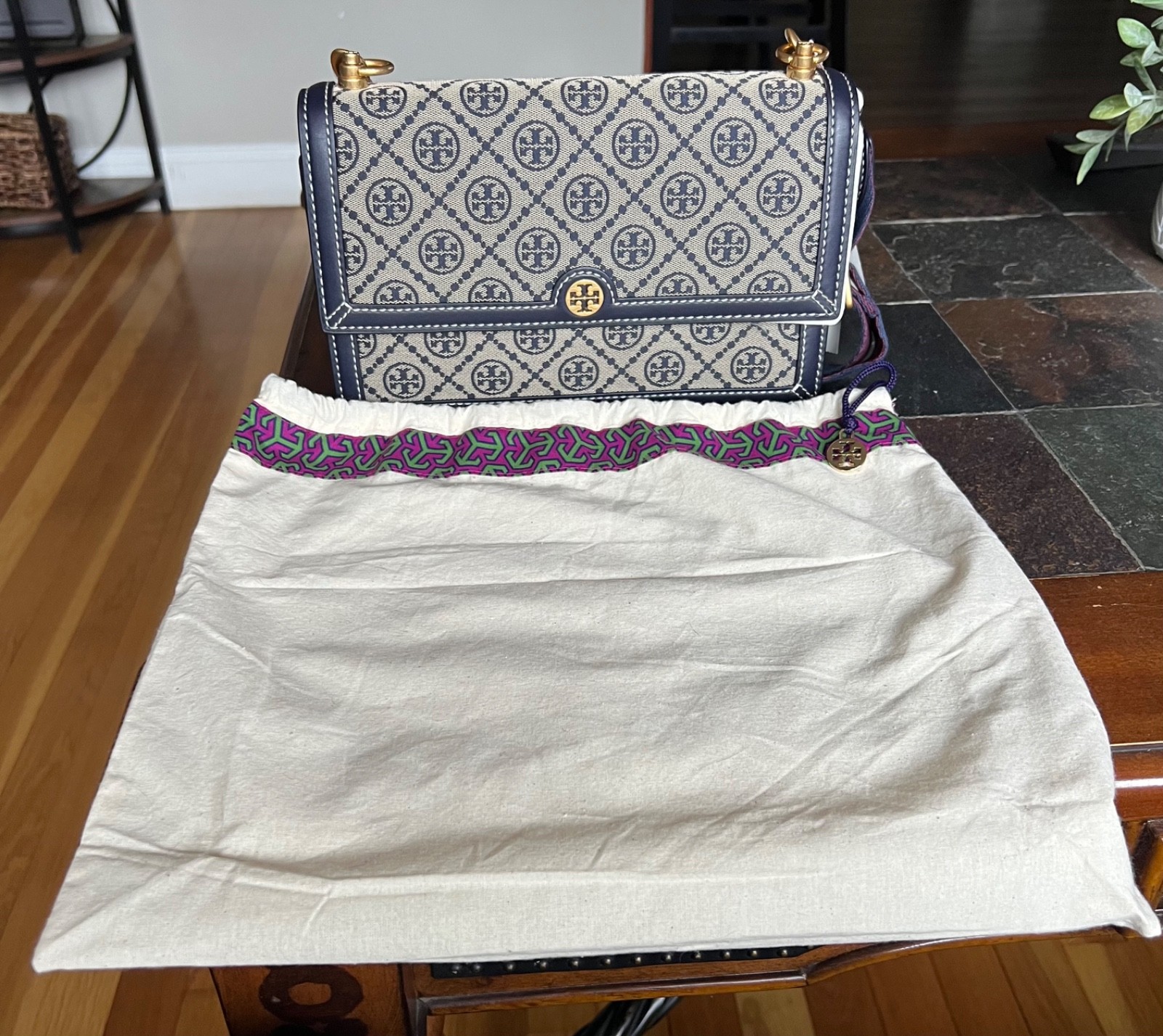 Tory Burch T Monogram Jacquard Shoulder Bag in Tory Navy (Style 155102)