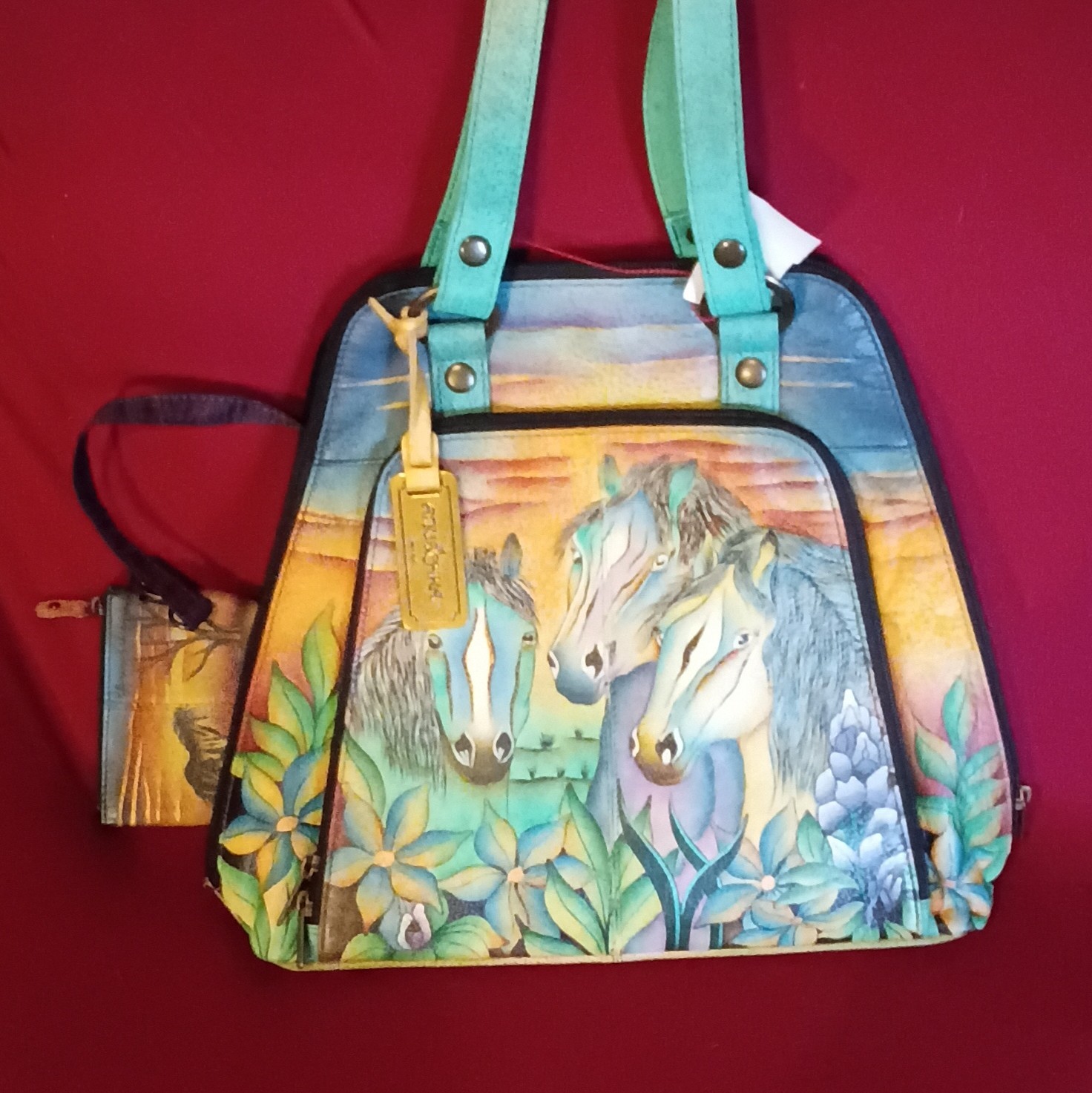 Anuschka Hand Painted Leather Animal Floral Zip Around Shoulder Bag Purse