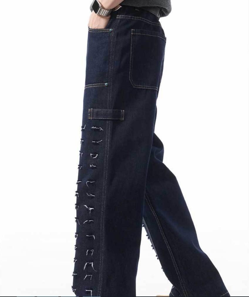 Men’s Dark Blue Denim Jeans Straight Leg Ripped Casual Punk Hip Hop Trousers New