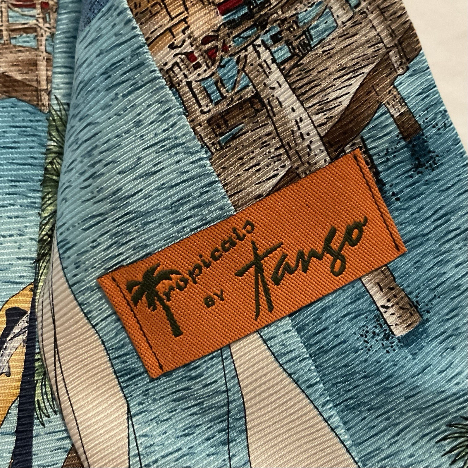 Tropicals by Tango Silk Necktie Vintage Florida Vacation Sailboats Palm Trees