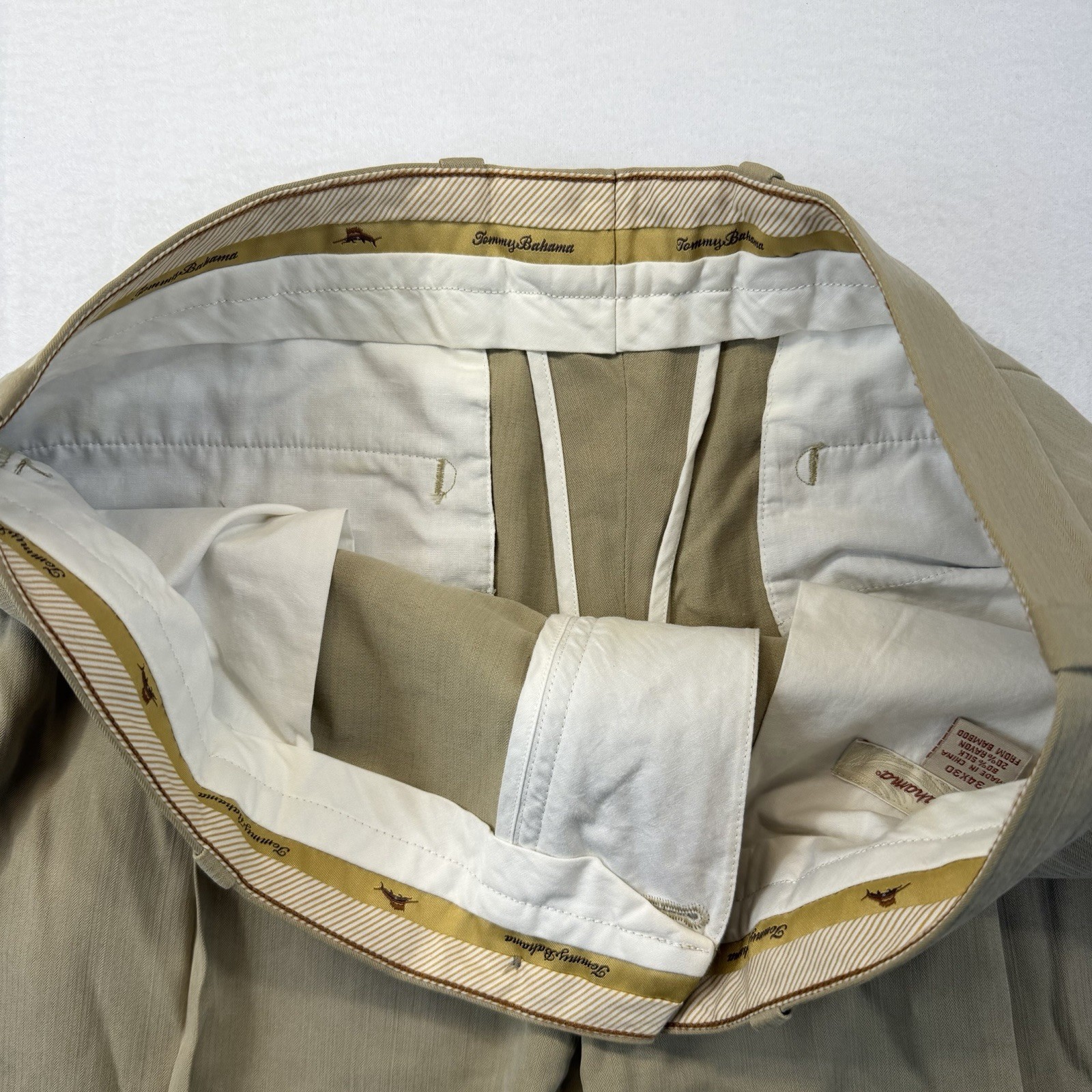 Tommy Bahama 80% Silk Rayon From Bamboo Trousers Dress Pants 34 x 30 Khaki Tan