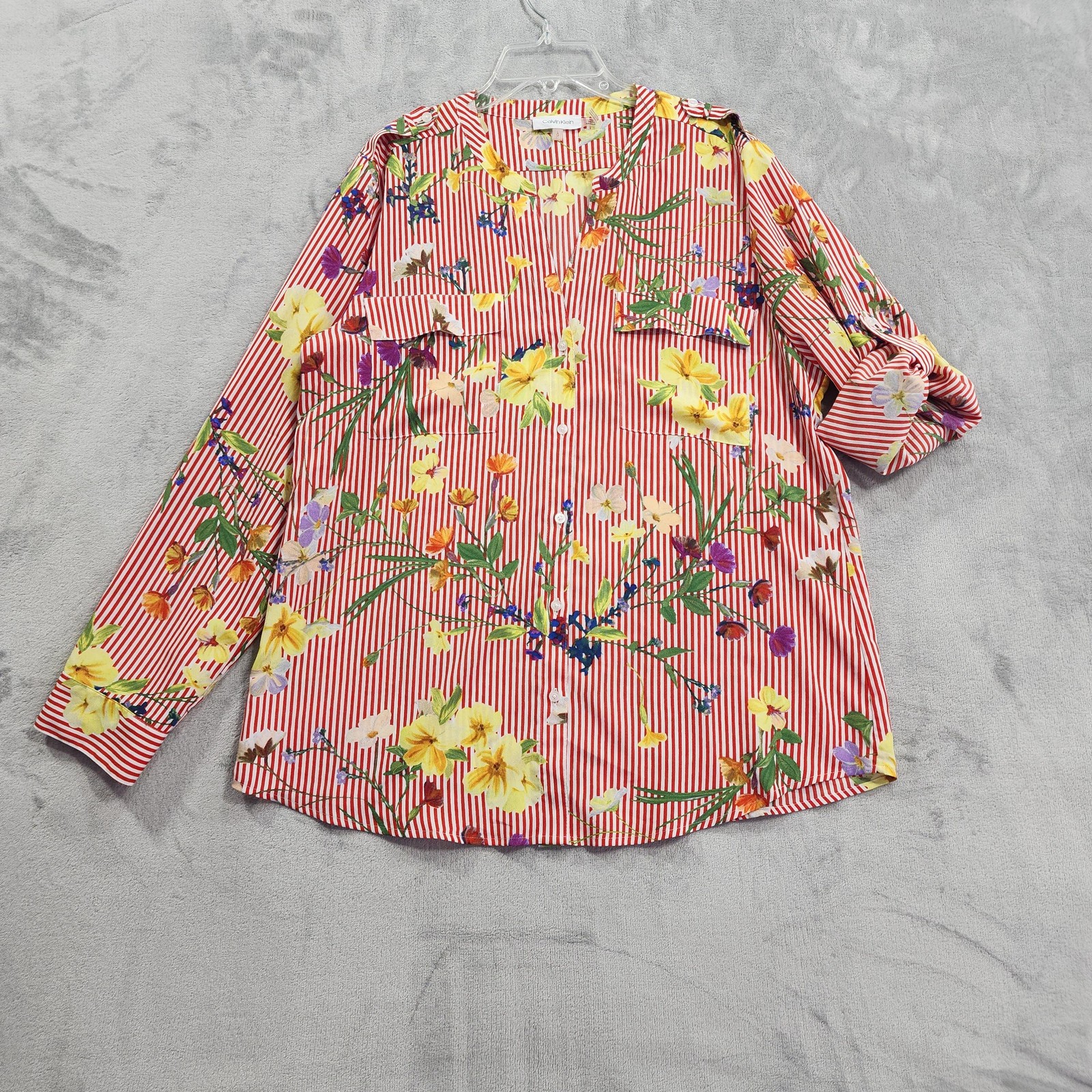 Calvin Klein Shirt Womens L Multicolor Floral Red Striped Roll Tab Sleeve Preppy