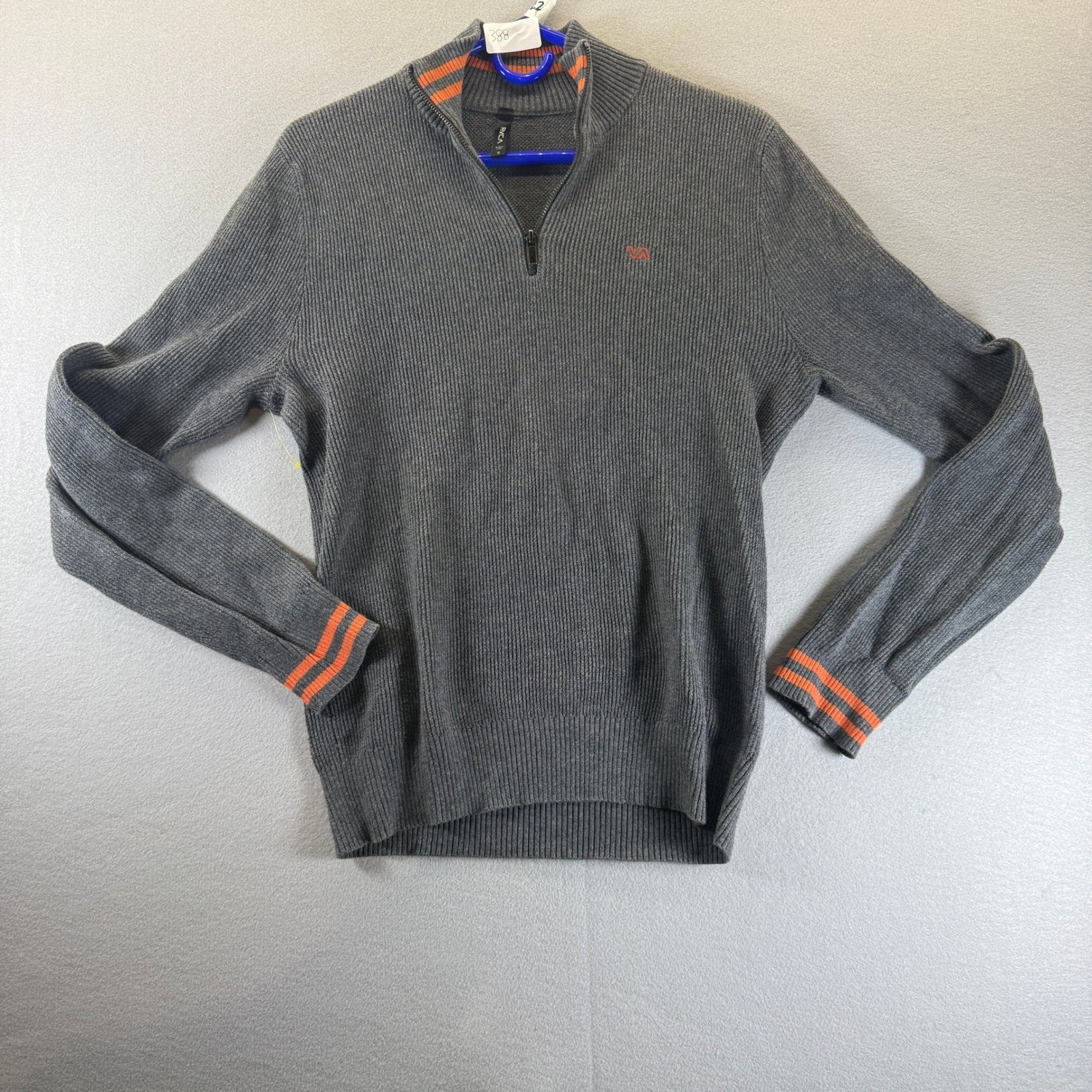 RVCA Mens Gray Ribbed 1/4 Zip Cotton Sweater Orange Stripe Cuffs Small PO