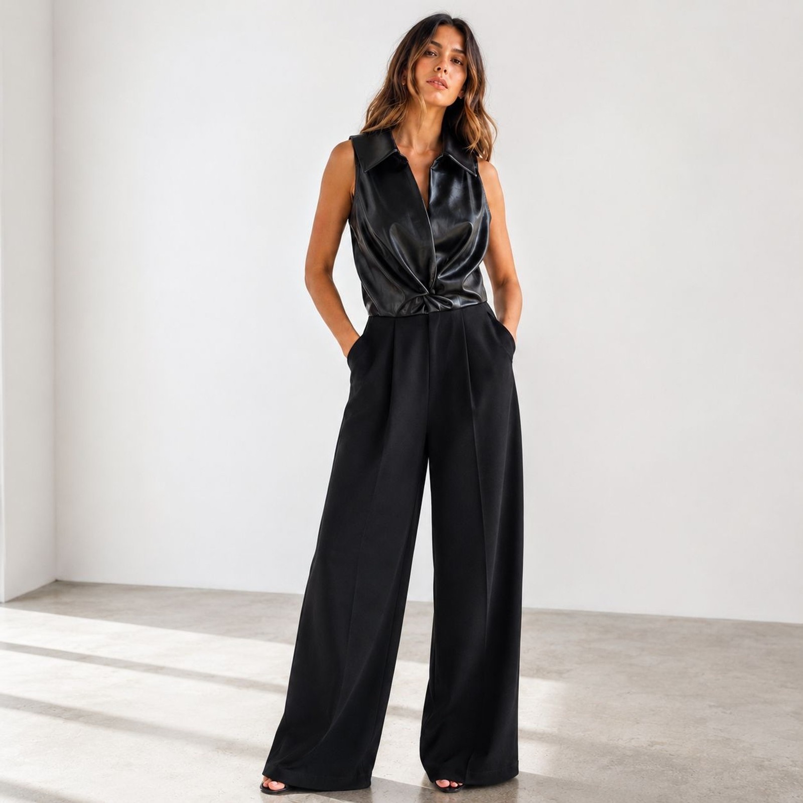 Donna Karan Black Faux Leather Wide Leg Jumpsuit Collared Pockets Size 6
