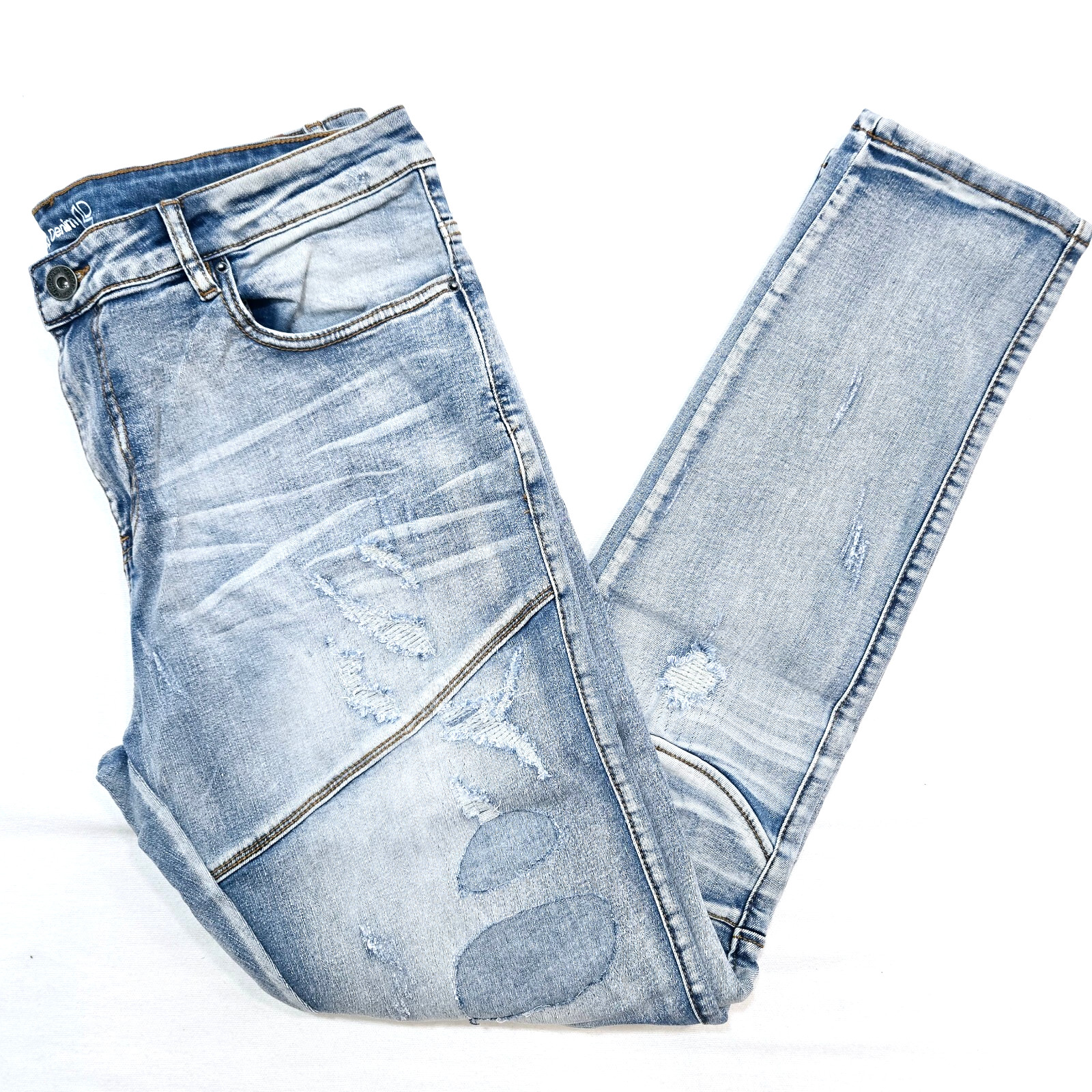 Crysp Denim Premium Men’s Blue Jeans Zip Patch Work Design Distressed Skinny Fit