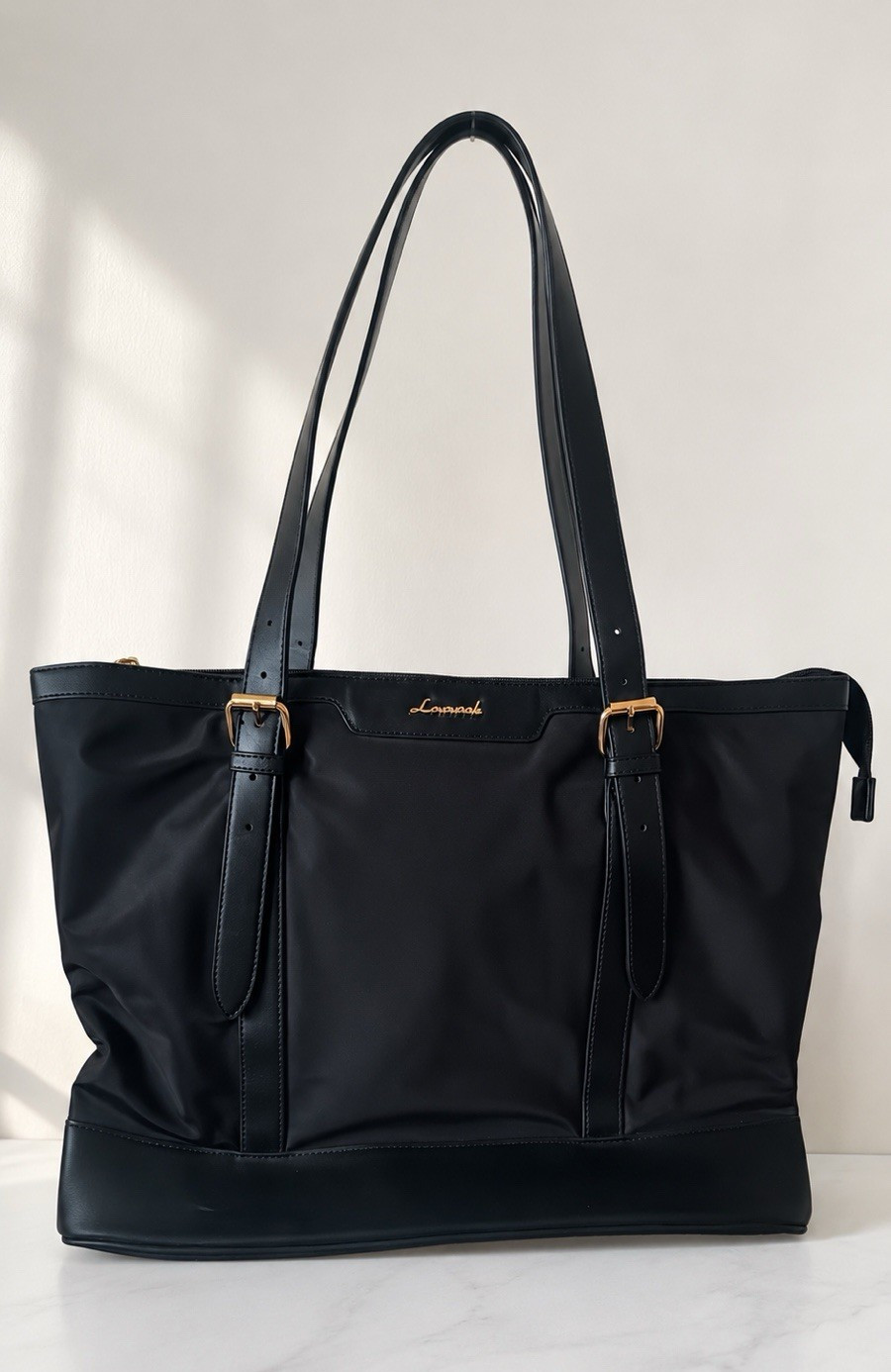 Lancaster Women’s Large Black Tote Bag Zip, Double Handles, Gold Hardware