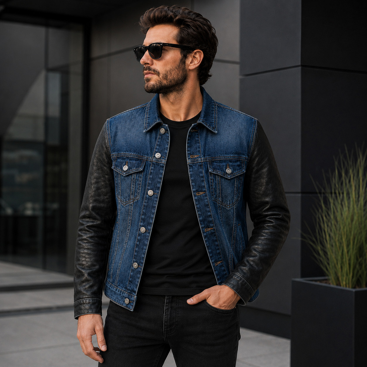 Men’s Denim Trucker Jacket with Leather Sleeves | Vintage Two Tone Hybrid Jacket