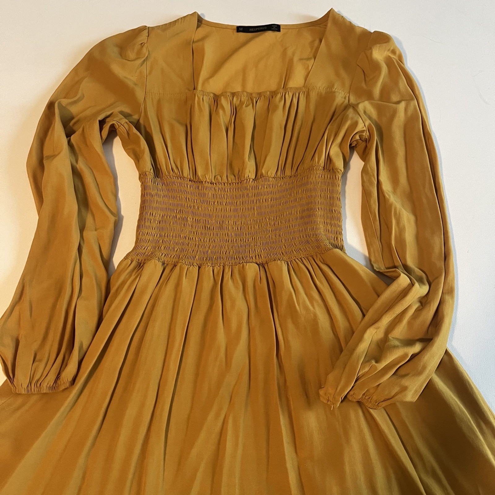 Hesperus Womens Square Neck Mustard Yellow Dress Long Sleeve Ruched Waist Med