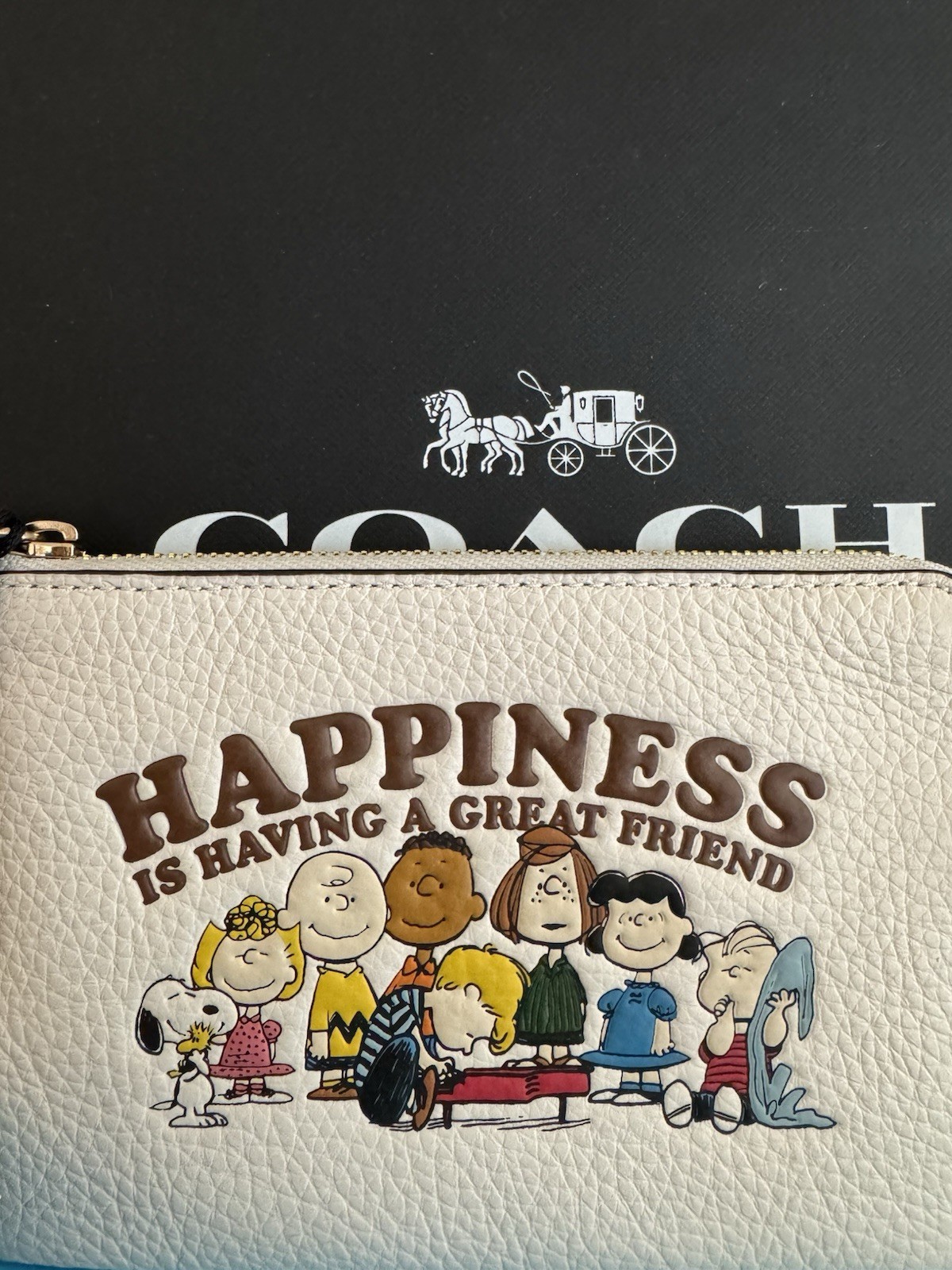 NWT Coach X Peanuts Corner Zip Wristlet In Leather/Gold/Chalk Multi