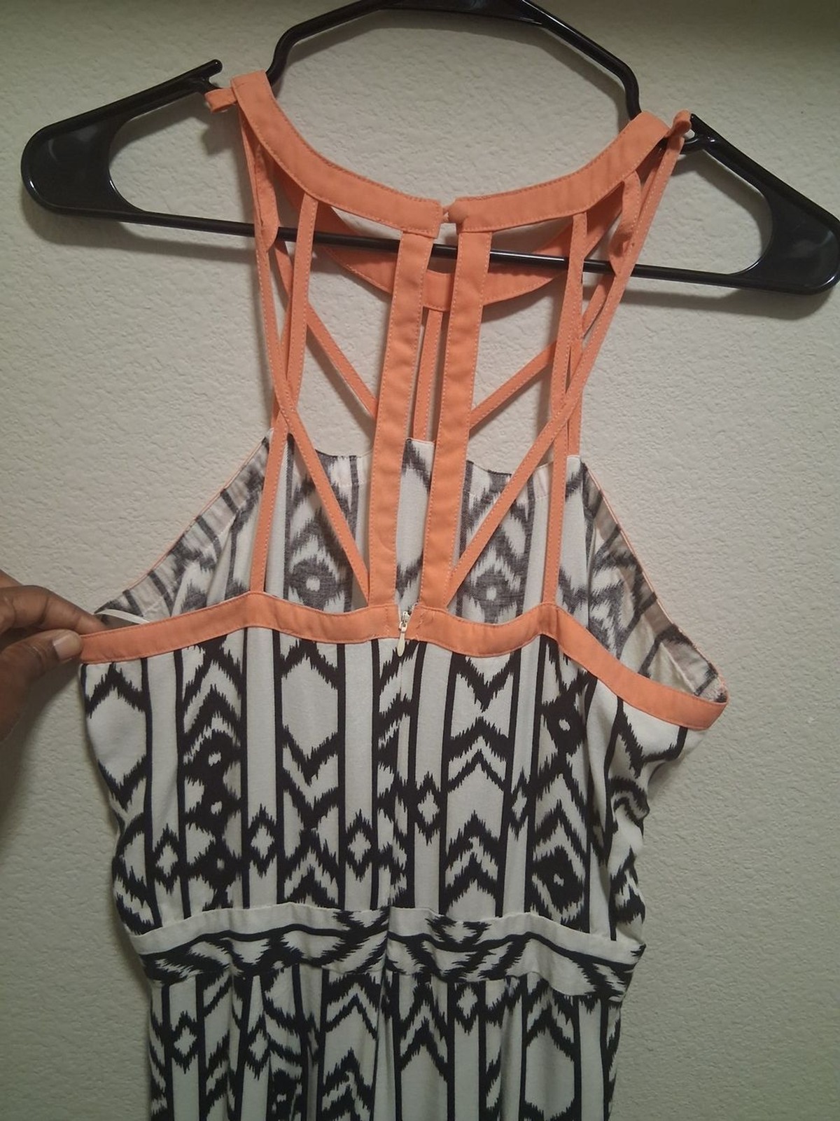 Sleeveless Black & White Geometric Maxi Jumpsuit with Coral Straps