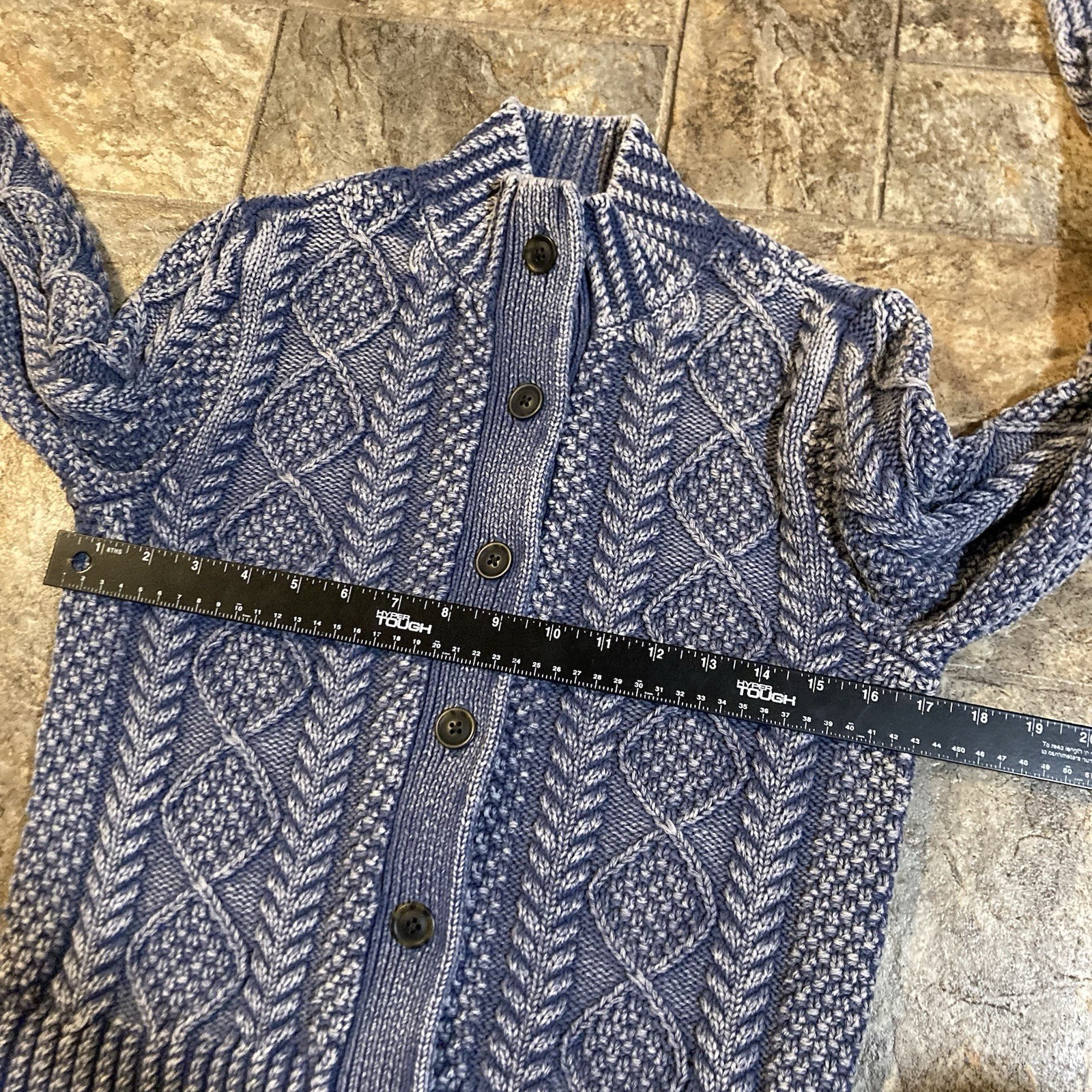 LL Bean Signature Blue Cable Knit Cotton Fisherman Cardigan Sweater Size Small