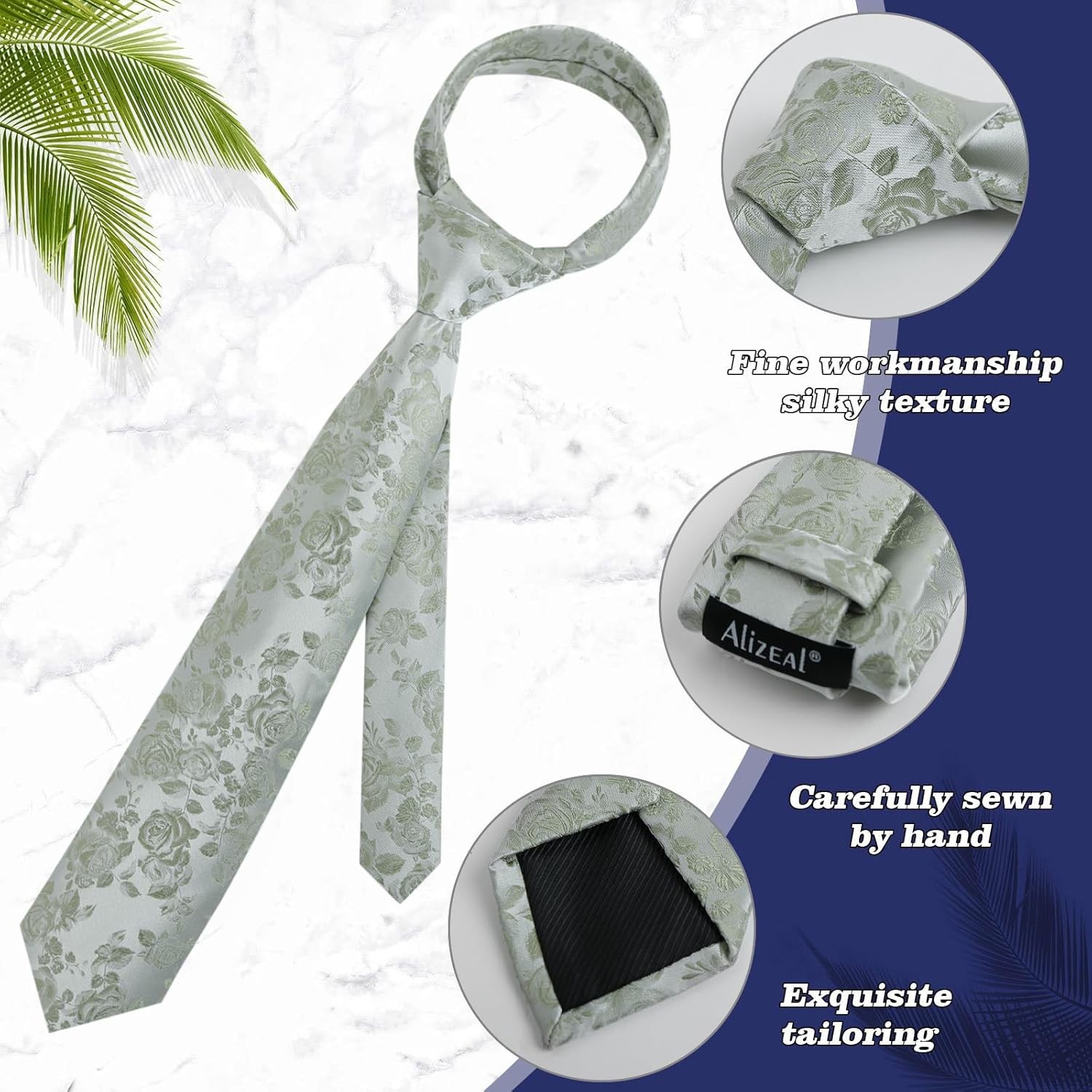 Mens Necktie Roses Floral Pattern 3.15inches with Handkerchief Tie Set For