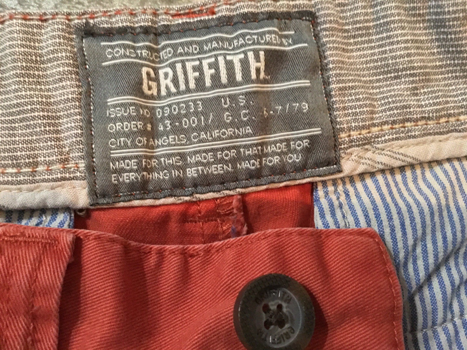 Men’s Griffith Chino Pants Sz 31 X 32 Flat Front 100% Cotton City Of Angels Cali