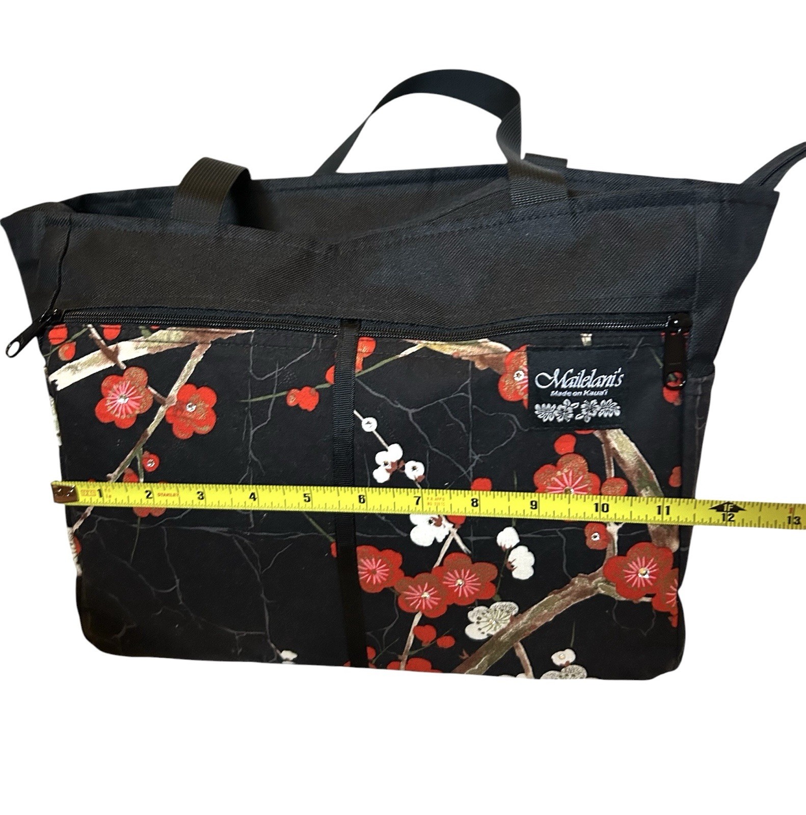 Mailelani’s Black Plum Blossom Tote Bag Zip Closure w/ Red Cherry Blossom Pouch