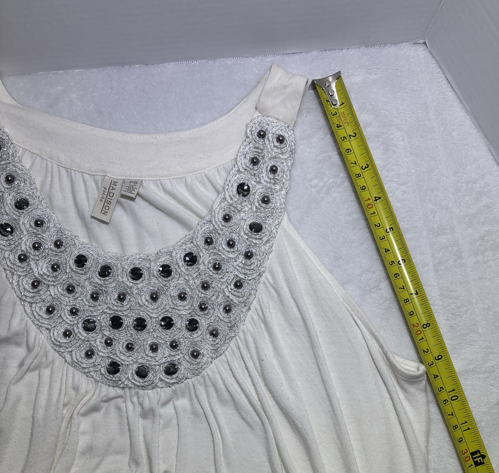 Madison Petite White Tank Top Embellished Silver Beads & Gray Stones Neckline