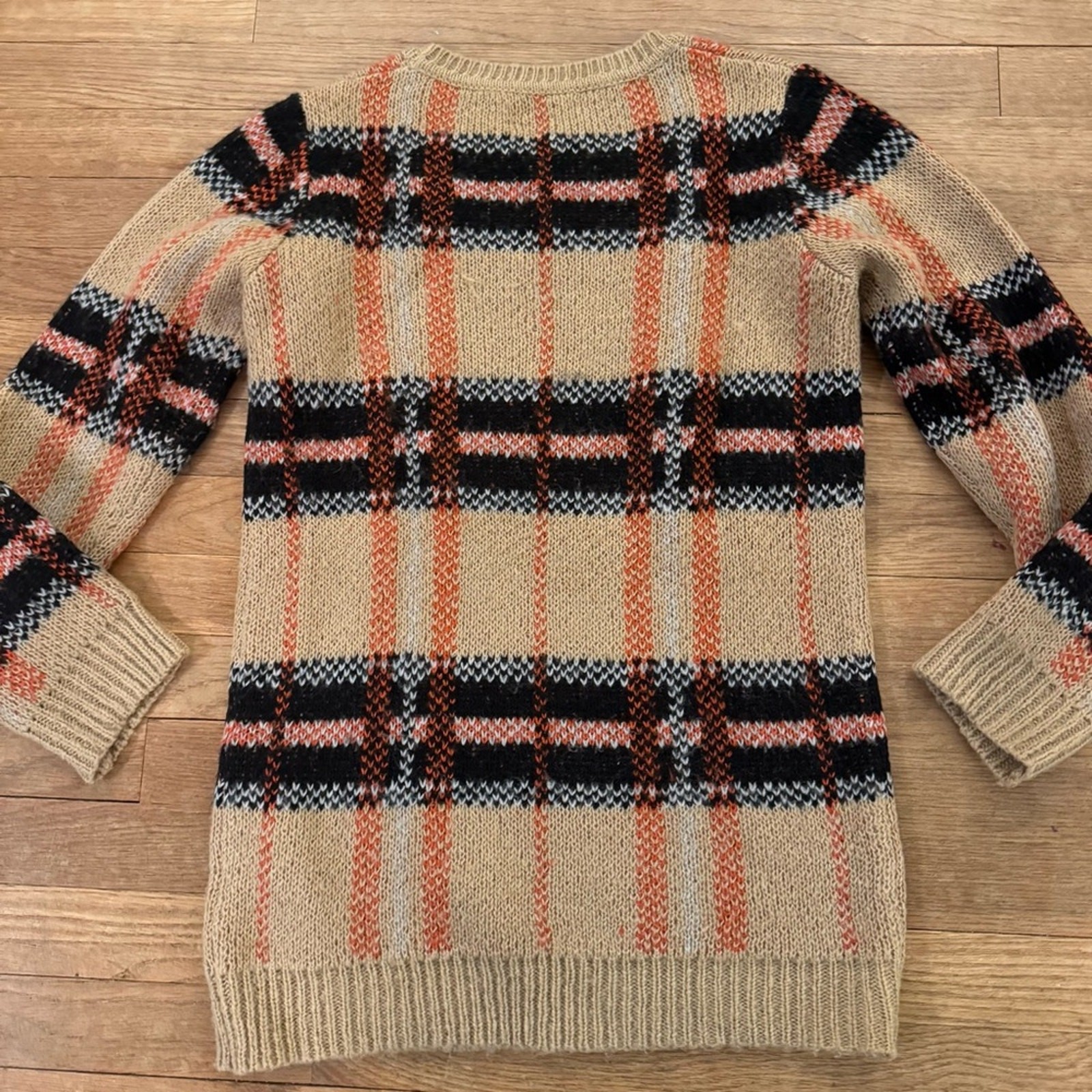 Cremieux Tan Black Orange Plaid Knit Sweater Size Small S b67