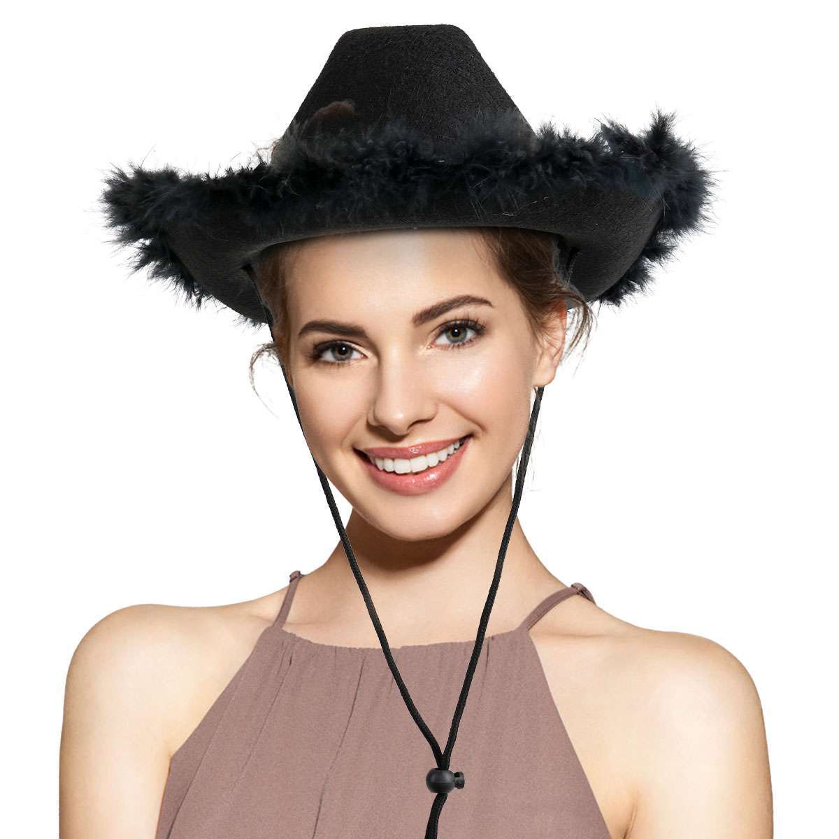 Cowgirl Hat with Fluffy Feather Novelty Cowboy Party Costume Role Play Cap Solid
