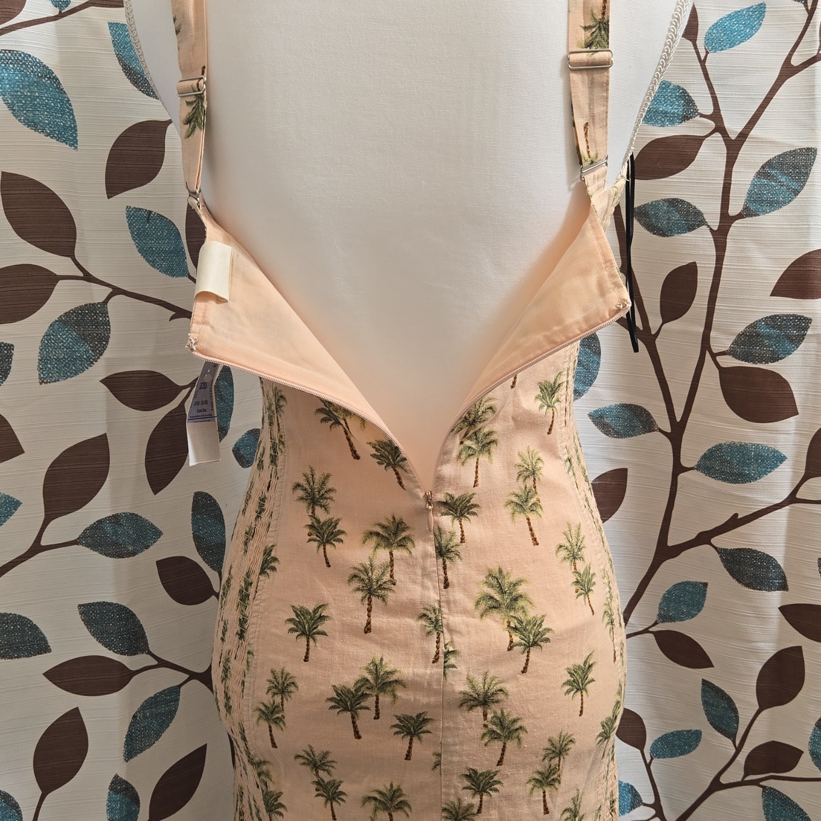 Robin K Heritage Palm Tree Print Mini Dress Beige Adjustable Straps Size M