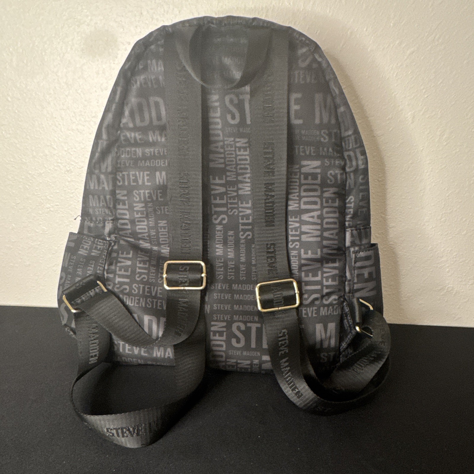 Steve Madden Black/Gray Logo Backpack Floral Pocket Gold Hardware Zip Pockets