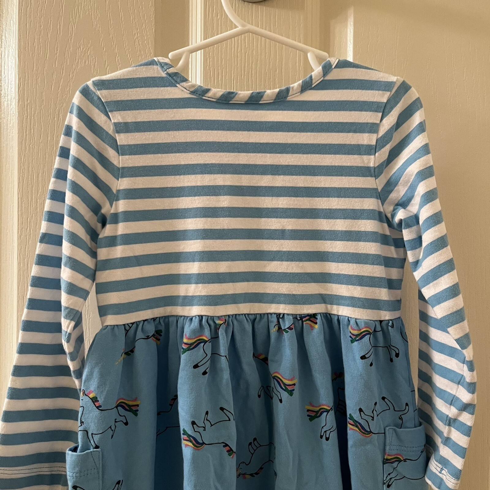 Hanna Andersson Mixie Playdress Dress Blue Striped Unicorn Pockets Size 100 US 4