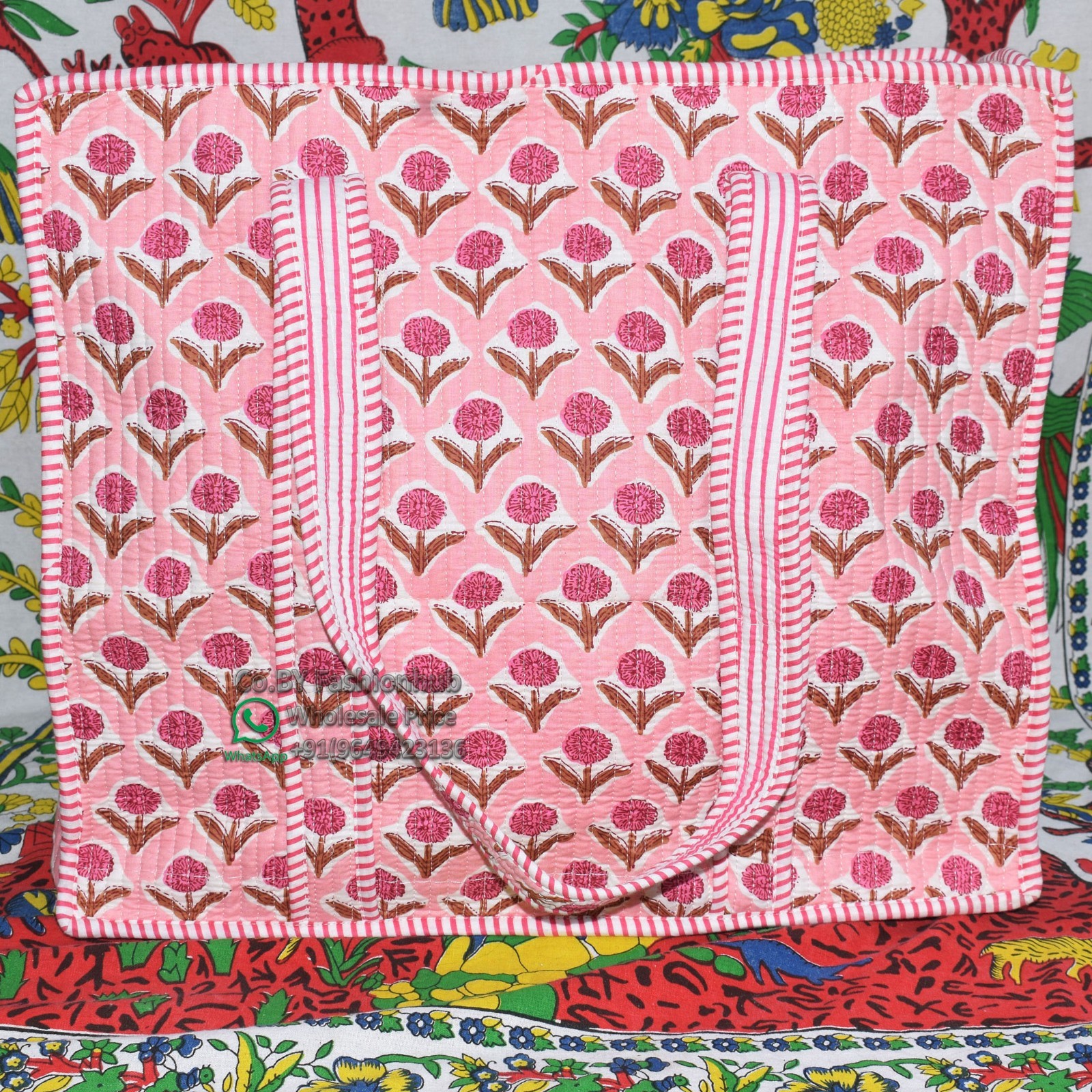 Quilted Tote Bag Handmade Block Print Cotton Handbag Indian Floral Boho Beach