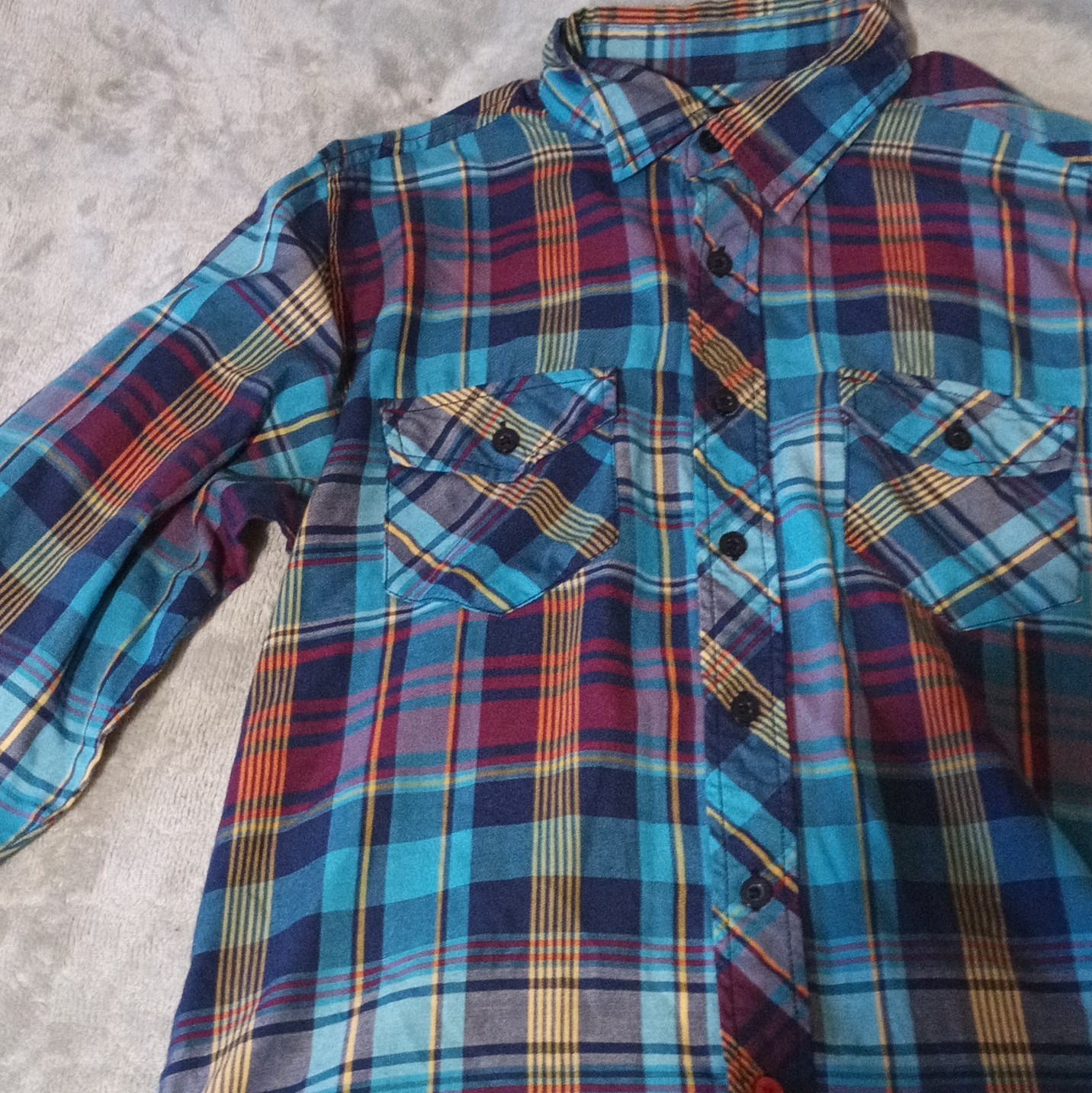 OP Men’s S 34/36 Plaid Long Sleeve Button-Up Shirt w/ Pockets Blue Red Yellow