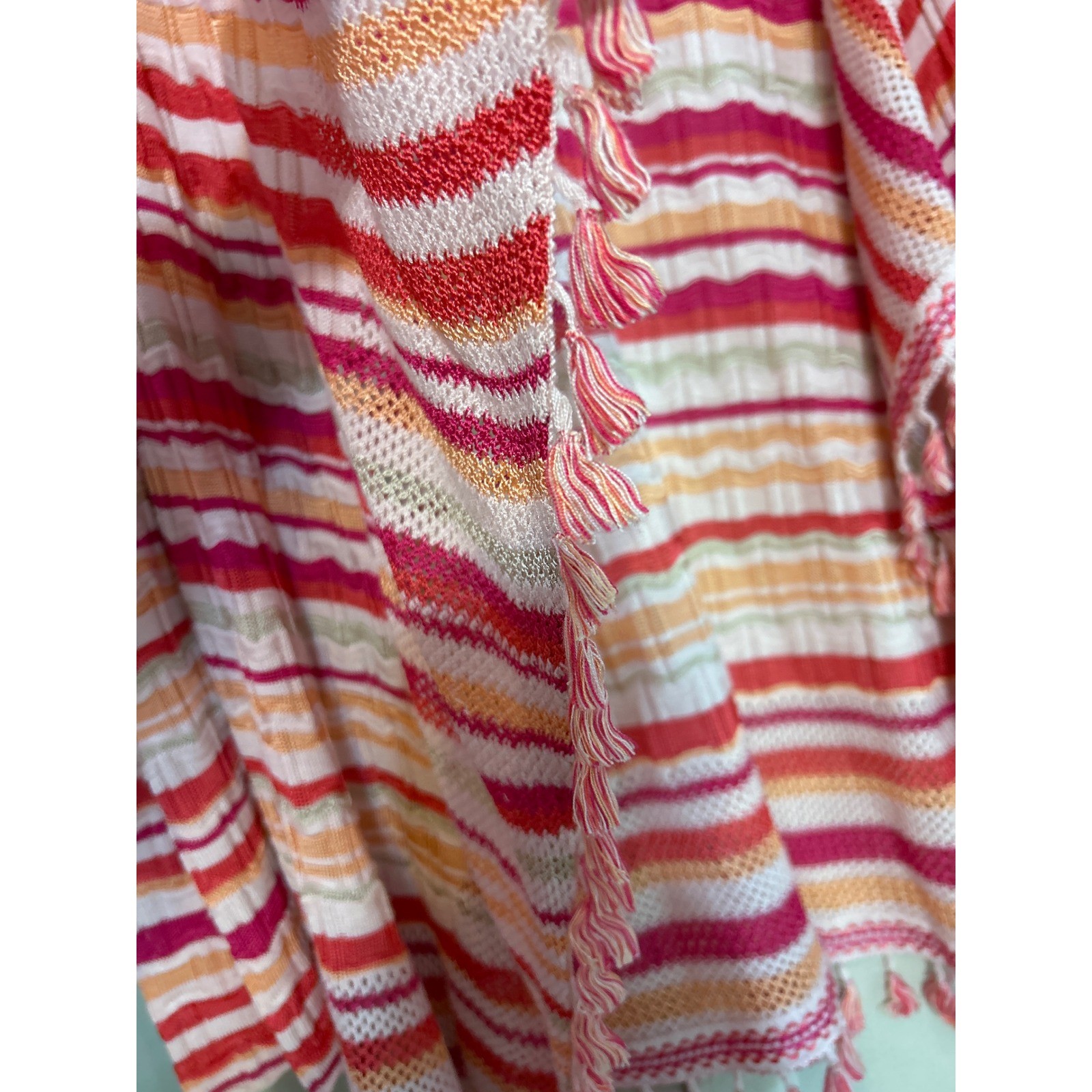 Chico’s Striped Open Front Cardigan Pink Orange Tassel Fringe Size 0 Small