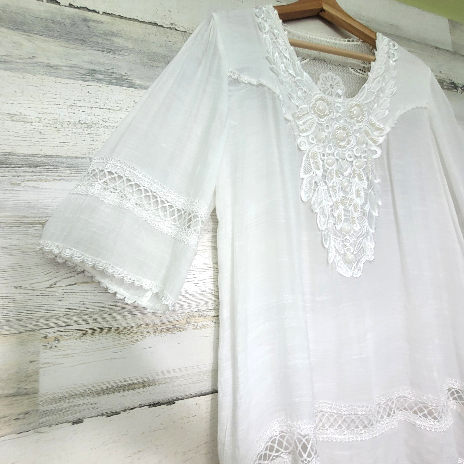 Pretty Angel White Crochet Trim Blouse L Pearl Embellished Scoop Neck Sheer Top